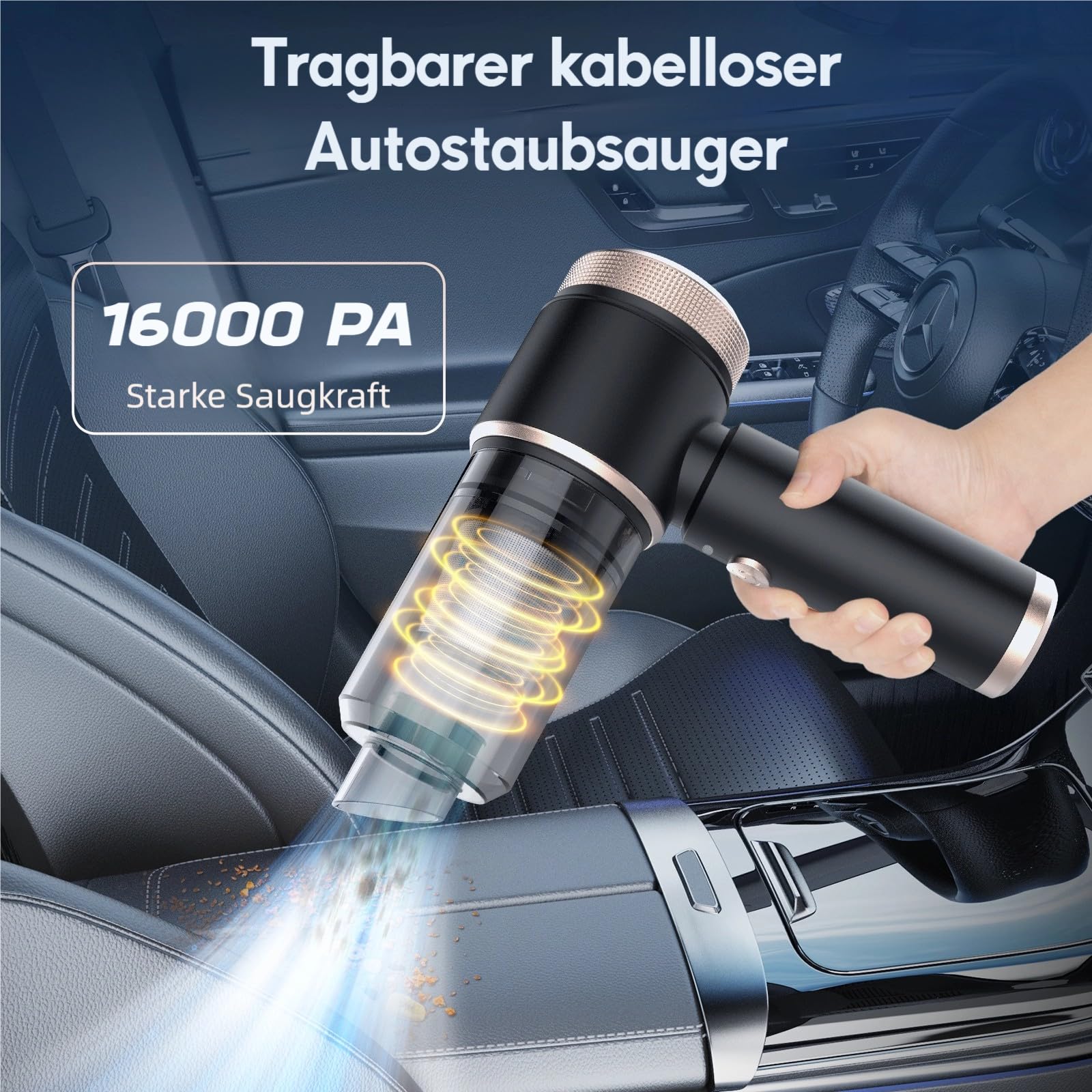 Handstaubsauger Mini, 5000mAh Akku USB-C, 380g leicht, 7 Aufsätze, 60dB leise, für Auto & Zuhause, mit Metallfilter + HEPA-Filter