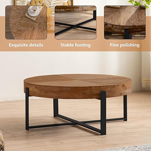 Miniatura 3 de Mesa de centro redonda de empalme retro moderna de 31.29 pulgadas, mesa de madera de abeto con base de patas cruzadas negras
