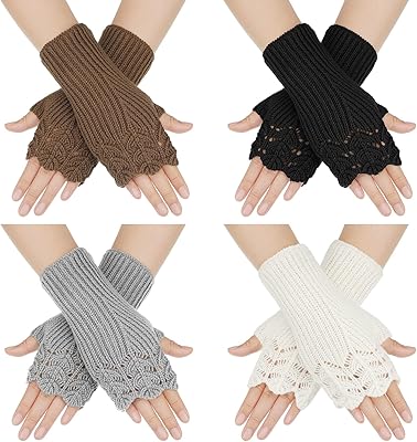 Bencailor 4 Pairs Fingerless Gloves Winter Warm Fingerless Mittens for Women Hand Crochet Knit Gloves Open Fingers(Black, Khaki, Gray, White)