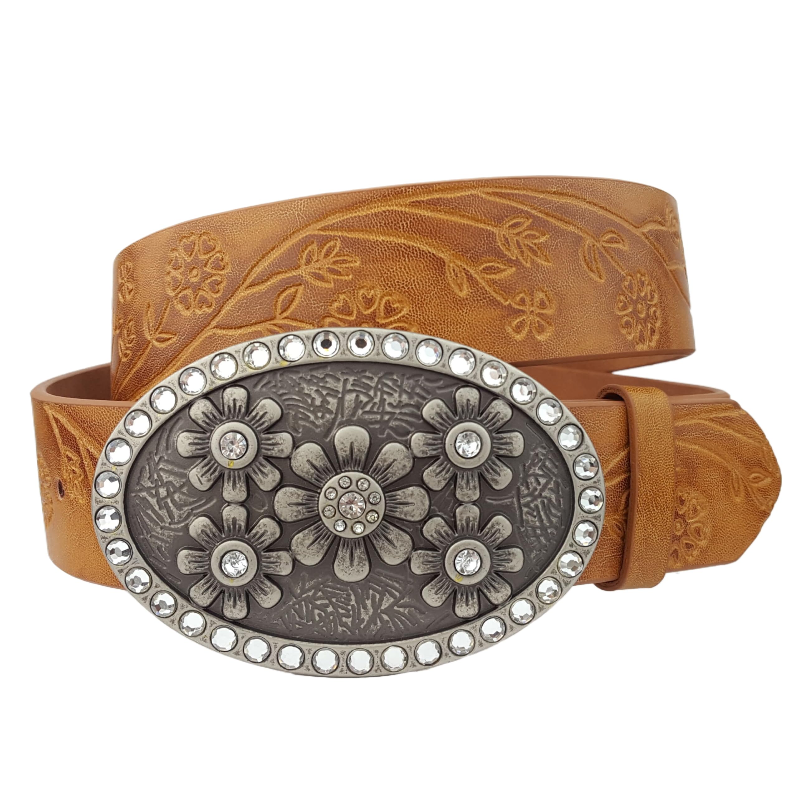 AXESORIA: Oval Crystal Floral Buckle with floral embossed belt Tan M