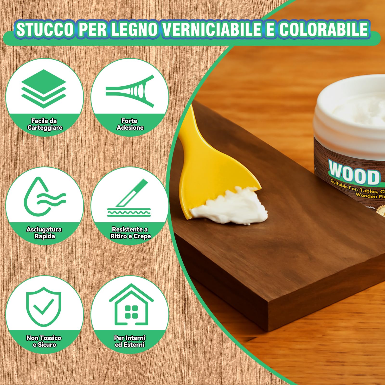 Stucco per Legno Riempitivo, Kit Universale Stucco Legno Bianco per Mobili e Pavimenti, Formula Rapida, Carteggiabile e Verniciabile per Riparare Crepe, Buchi e Difetti su Legno (250g)