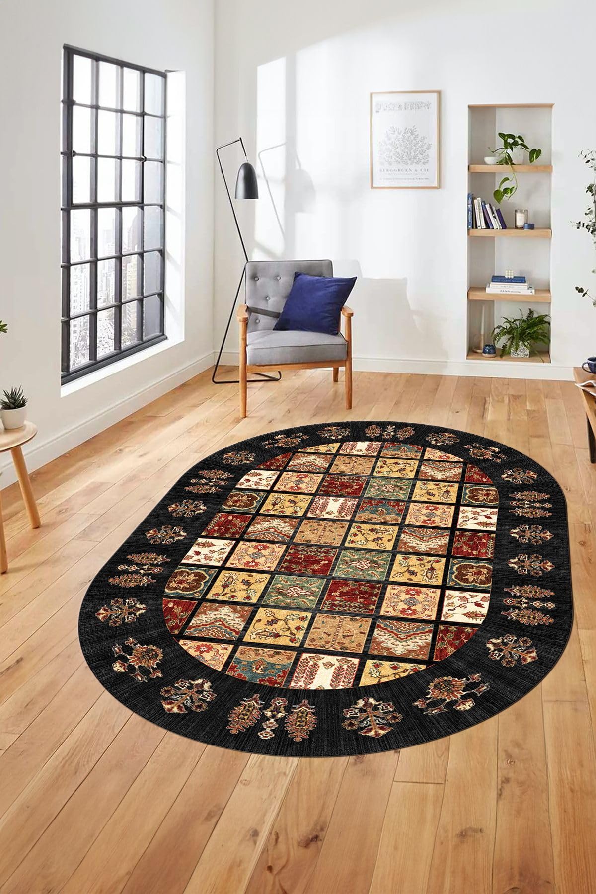 Evdeya Yeni Etnik Desen Kaymaz Taban Yıkanabilir Oval Yolluk Mutfak Salon Koridor Halısı O-ETNİK-18, Antrasit, 160 x 250