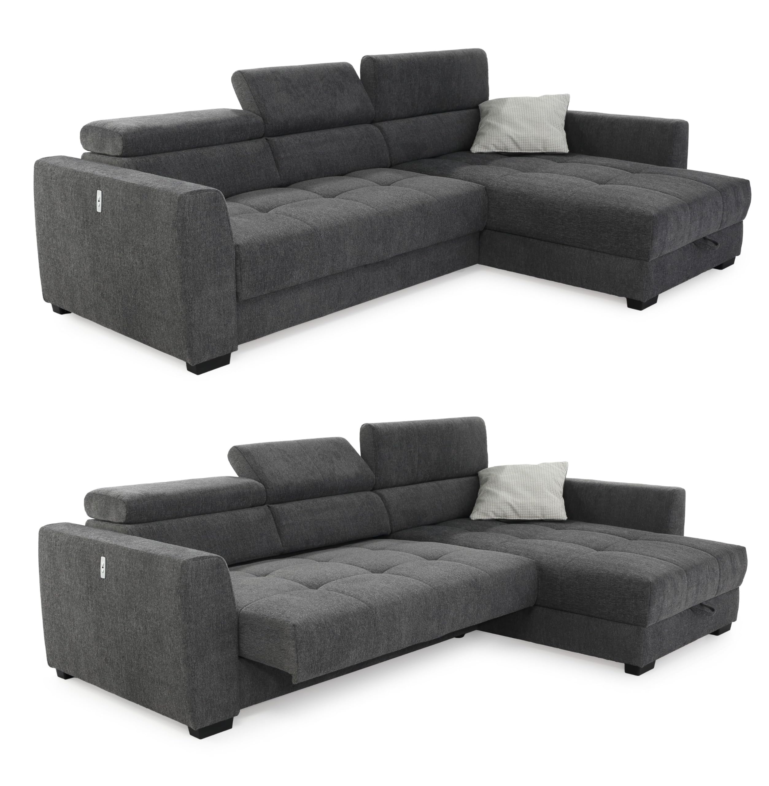 Ecksofa – Elektrisch verstellbare Eckcouch mit USB-Ladefunktion, Bettkasten, Chenille Dunkelgrau