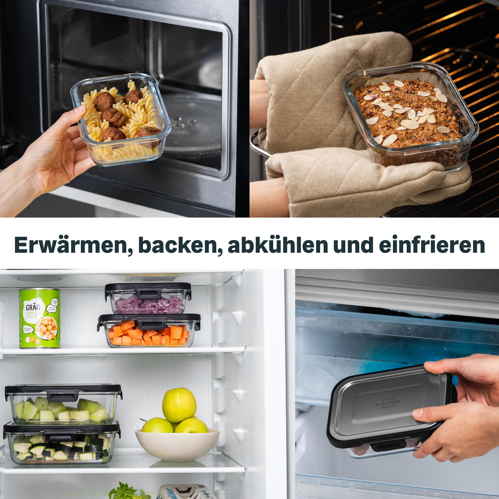 SILBERTHAL Frischhaltedosen Glas 6er Set mit Edelstahl Deckel - Luftdicht für Meal Prep - Lunch Box für unterwegs, Office, Camping - Spülmaschinen & Backofenfest