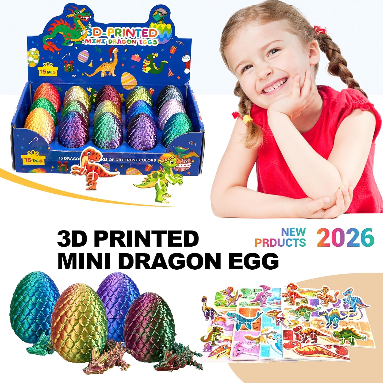 15Pcs 3D Printed Dragon Egg, Cool 3D Printer Articulated Crystal Dragon Toys , Surprise Animals Figurines Fidget Eggs Toys，Fantasy Office Desk Decor Surprise，Classroom Prizes Supplies for Boys Kids
