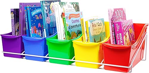 Storex Juego de 5 contenedores grandes para libros, estante de metal incluido, varios colores (71125U01C)