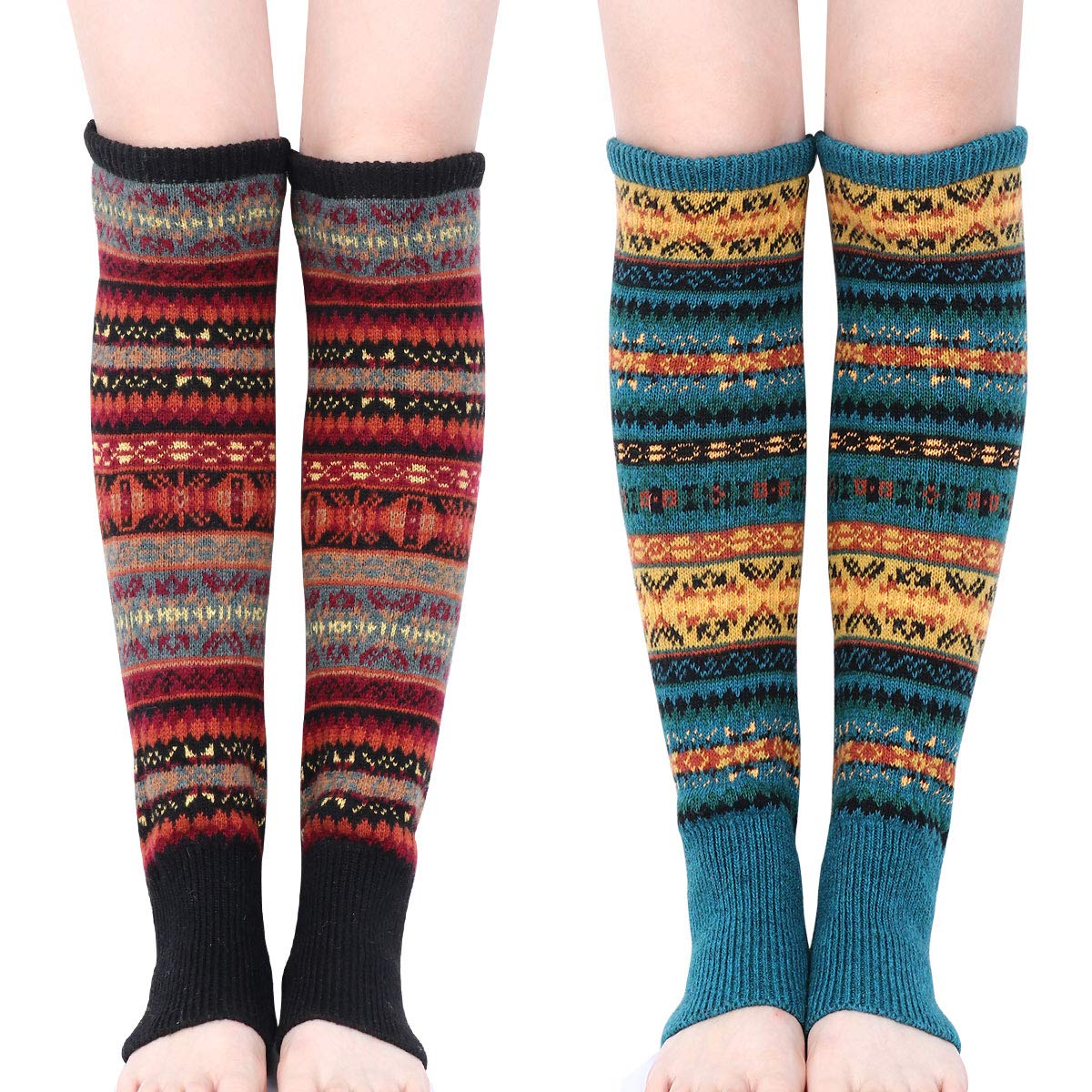 Kordear Women's Multicolour Leg Warmers - Winter Warm Knee Leg Warmer Crochet Knitted Long Boot Cuffs Socks Soft Cosy Ankle Warmer Footless Knee Socks With Bohimina Pattern For Girls Yoga Uk