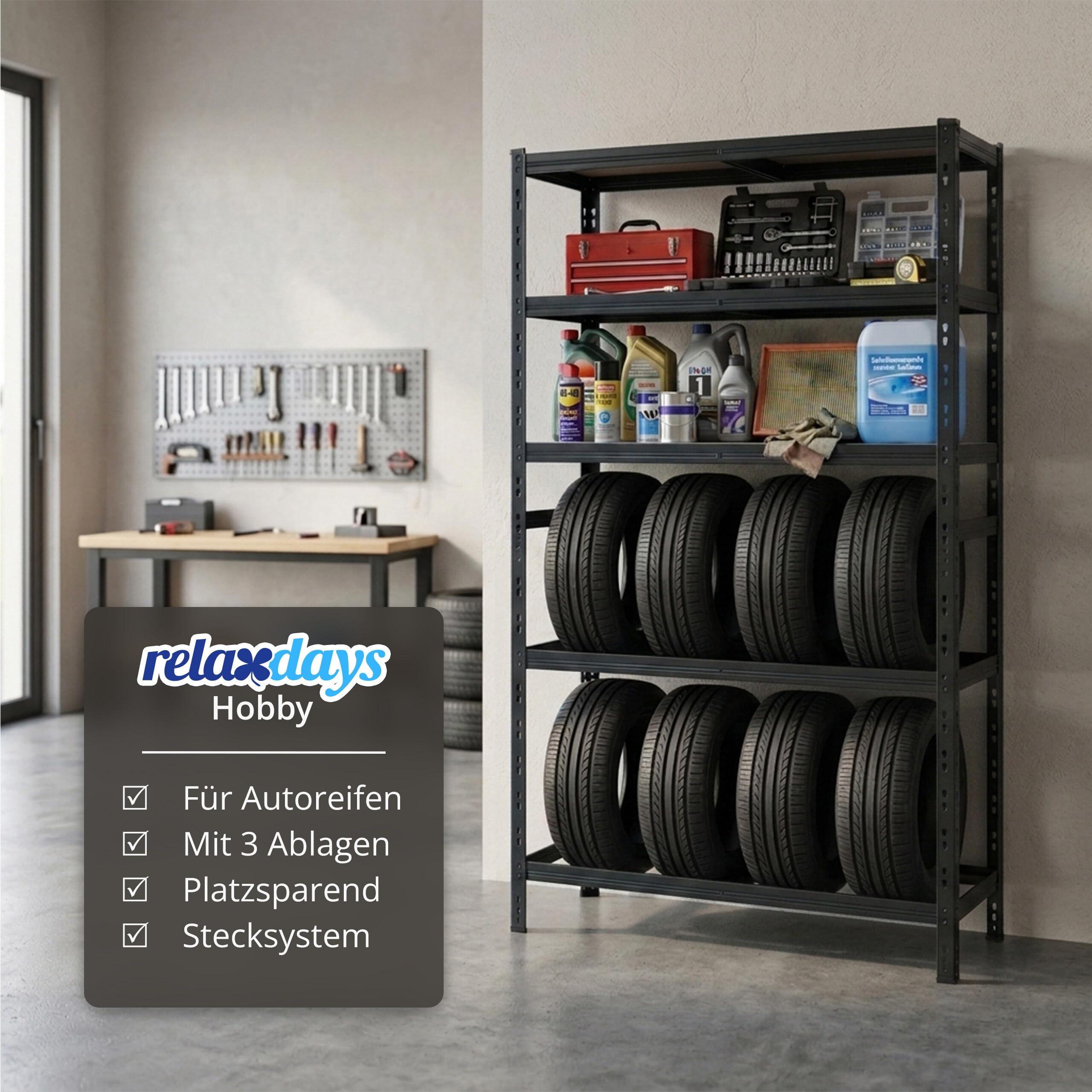 Relaxdays Reifenregal für 8 Reifen, HxBxT 210 x 110 x 40 cm, 750 kg, Stahl, Stecksystem, Reifenlager Werkstatt, schwarz