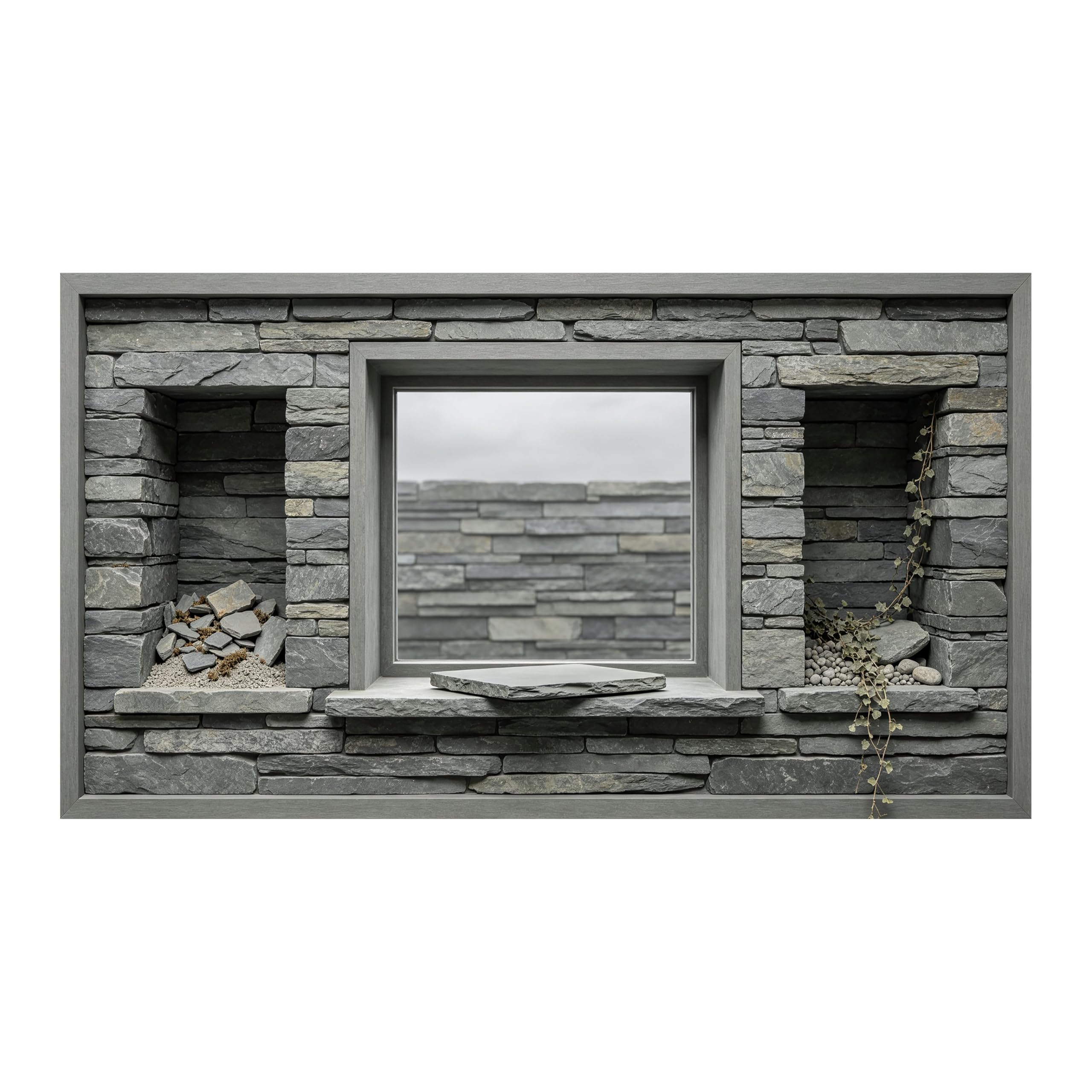 Yzpallescene 3D Framed Wall Art Rustic Stone Window View Trompe Loeil Large Size SelfAdhesive Removable Wall Decor Prints Artwork for Living Room Bedroom Office