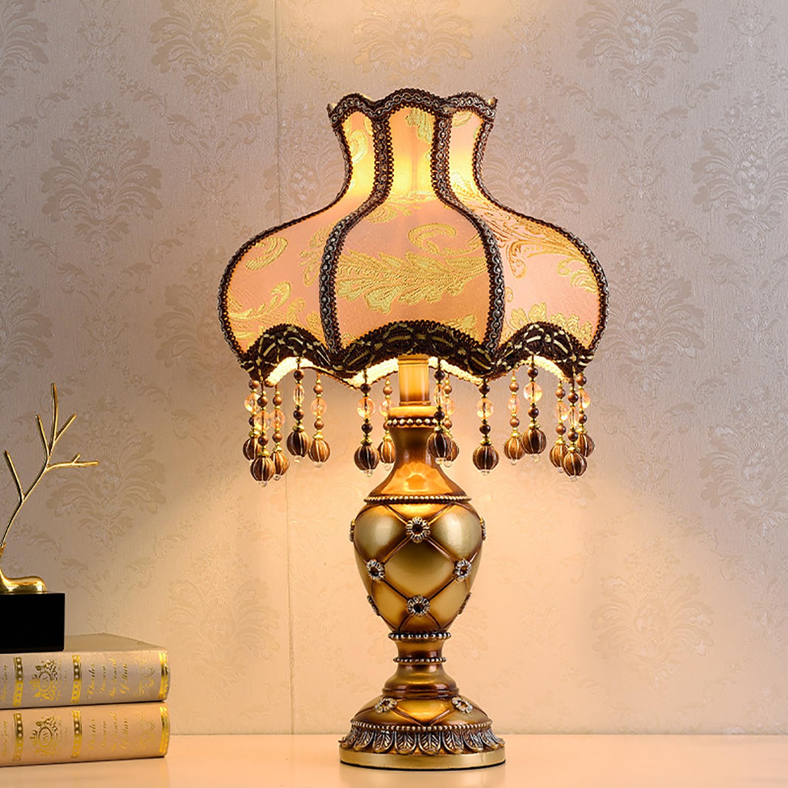 SXDMOUBK Victorian Style Table Lamp, Antique Fabric Table Lamp, European Nightstand Lamp, Decorative Desk Lamp, Floral Table Light with Fringe, Bedside Light for Bedroom Living Room Button Switch(I)
