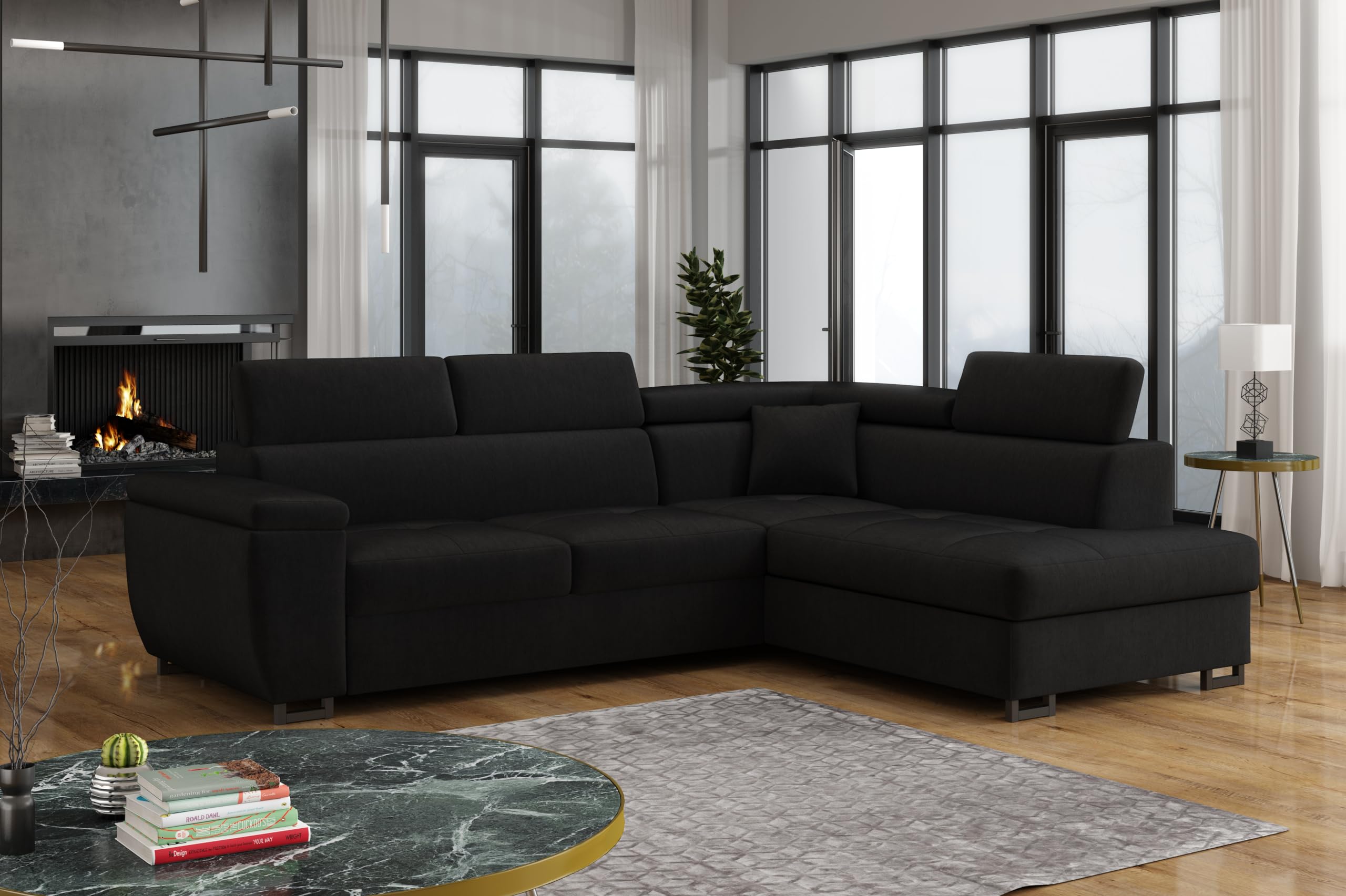 Ecksofa mit Schlaffunktion und Bettkasten Nicole 270x202x96cm (BxTxH) I Sofa L Form mit Verstellbare Kopfstützen I Eckcouch mit Schlaffunktion I Federkern I Sofa Schwarz Rechts