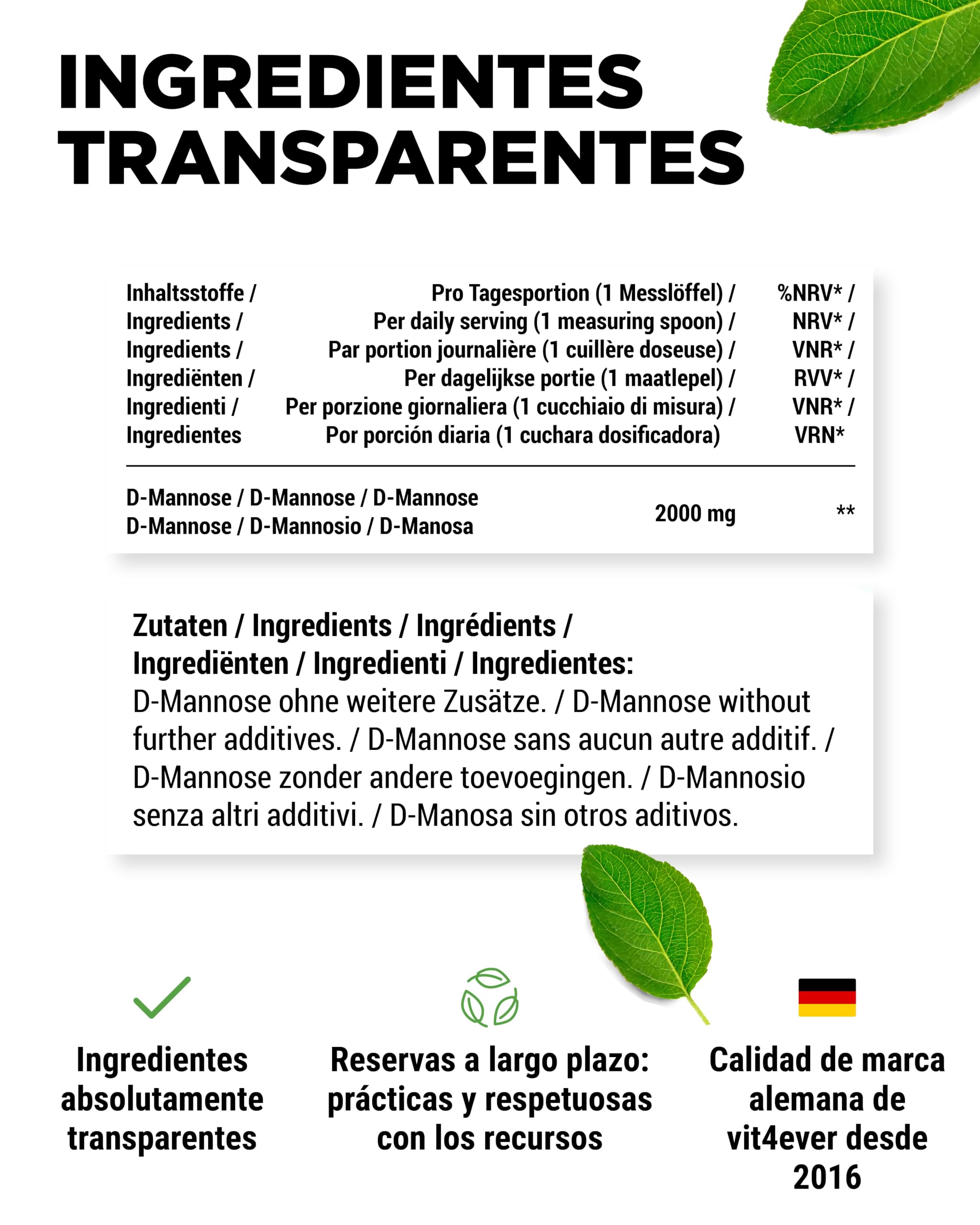 D-Manosa en polvo - 250 g - (suministro para 4,1 meses) - De fermentación vegetal - Puro y natural - Sin aditivos - Vegano