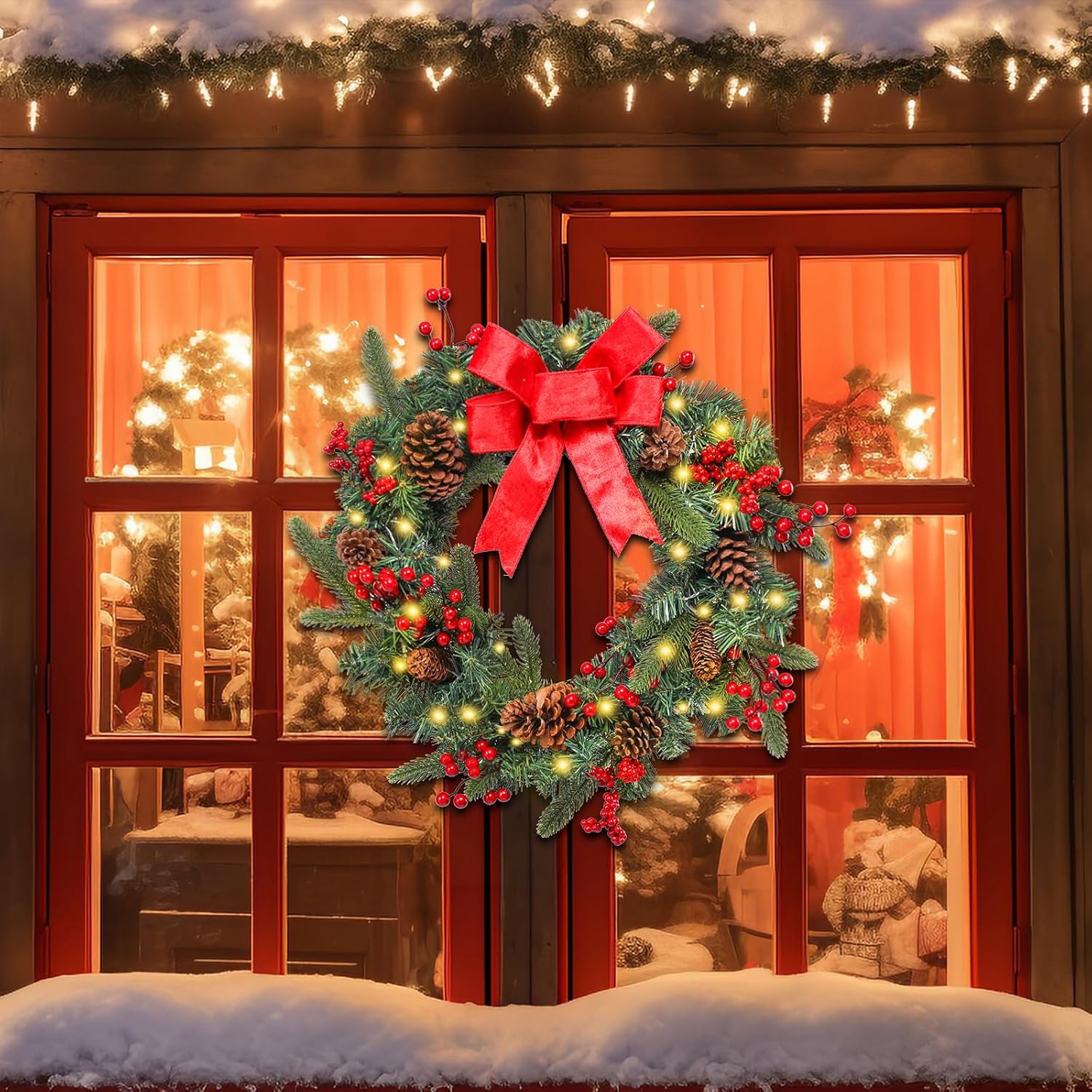 MUMTOP 20 Inch Pre-Lit Christmas Wreath for Front Door with Lights, Lighted Christmas Wreath with Red Bowknot, Pincone for Fireplace Window Outdoor Holiday Home Decoration
