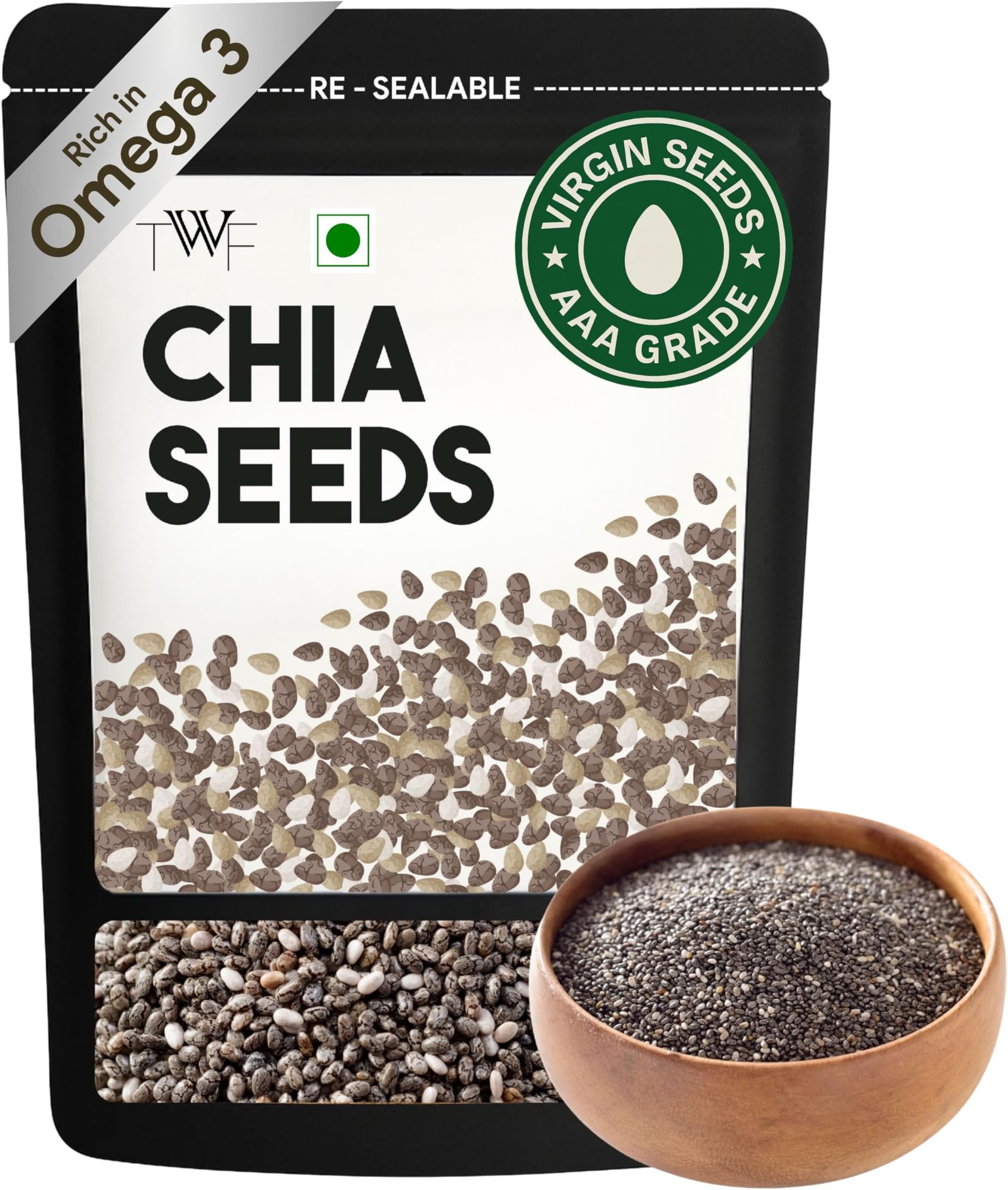 TWF Chia Seeds | 200g | AAA Grade Seeds for Eating | Natural Hydrator for Summers | For Weight Loss | Non GMO | Rich In Protein & Dietary Fibre | 100% Clean | Gluten Free Seeds for Smoothies, Oatmeal, Salads & Baking | Resealable Pack | Diet Snack | Unroasted | Unsalted | Highest Natural Potency