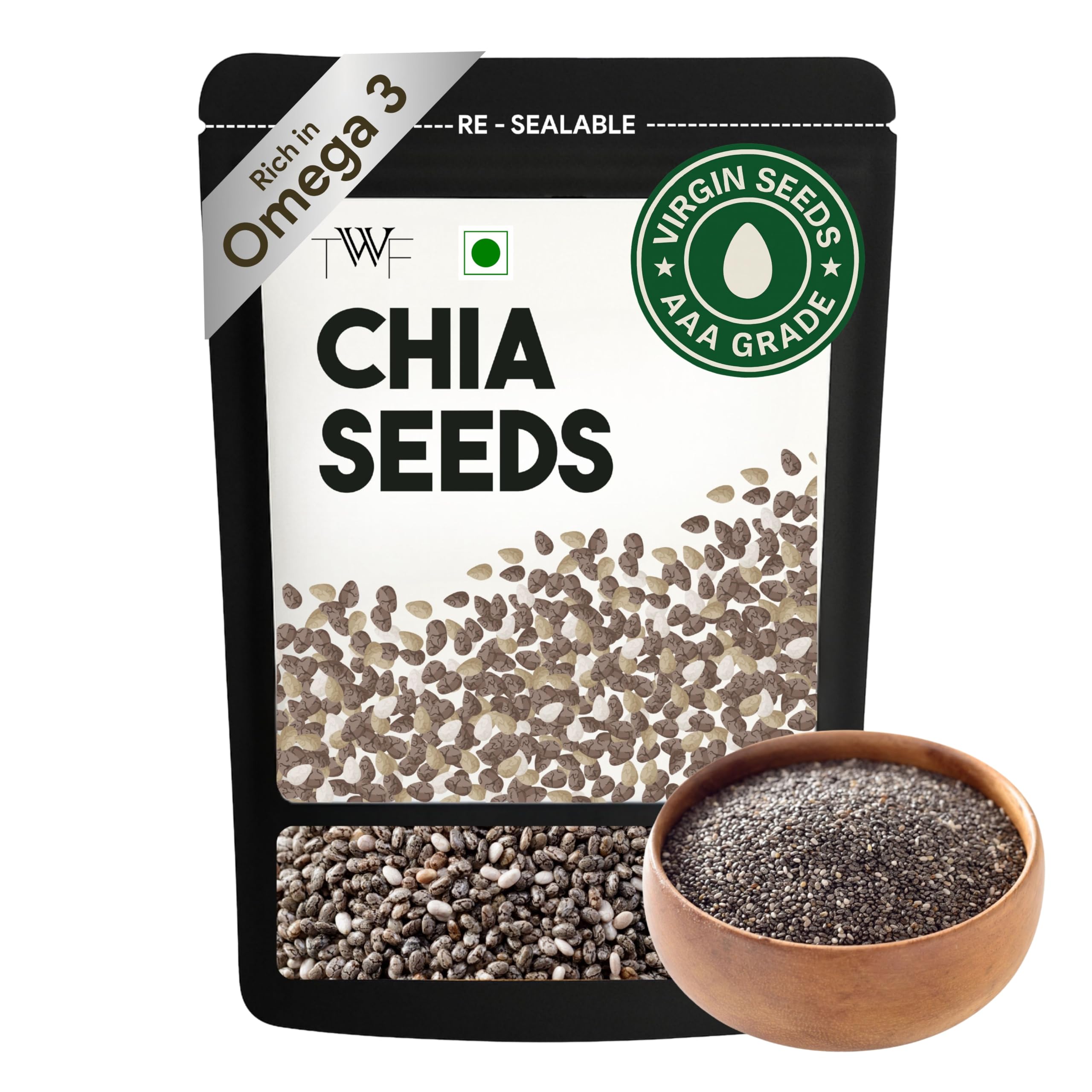 TWF Chia Seeds | 200g | AAA Grade Seeds for Eating | Natural Hydrator for Summers | For Weight Loss | Non GMO | Rich In Protein & Dietary Fibre | 100% Clean | Gluten Free Seeds for Smoothies, Oatmeal, Salads & Baking | Resealable Pack | Diet Snack | Unroasted | Unsalted | Highest Natural Potency