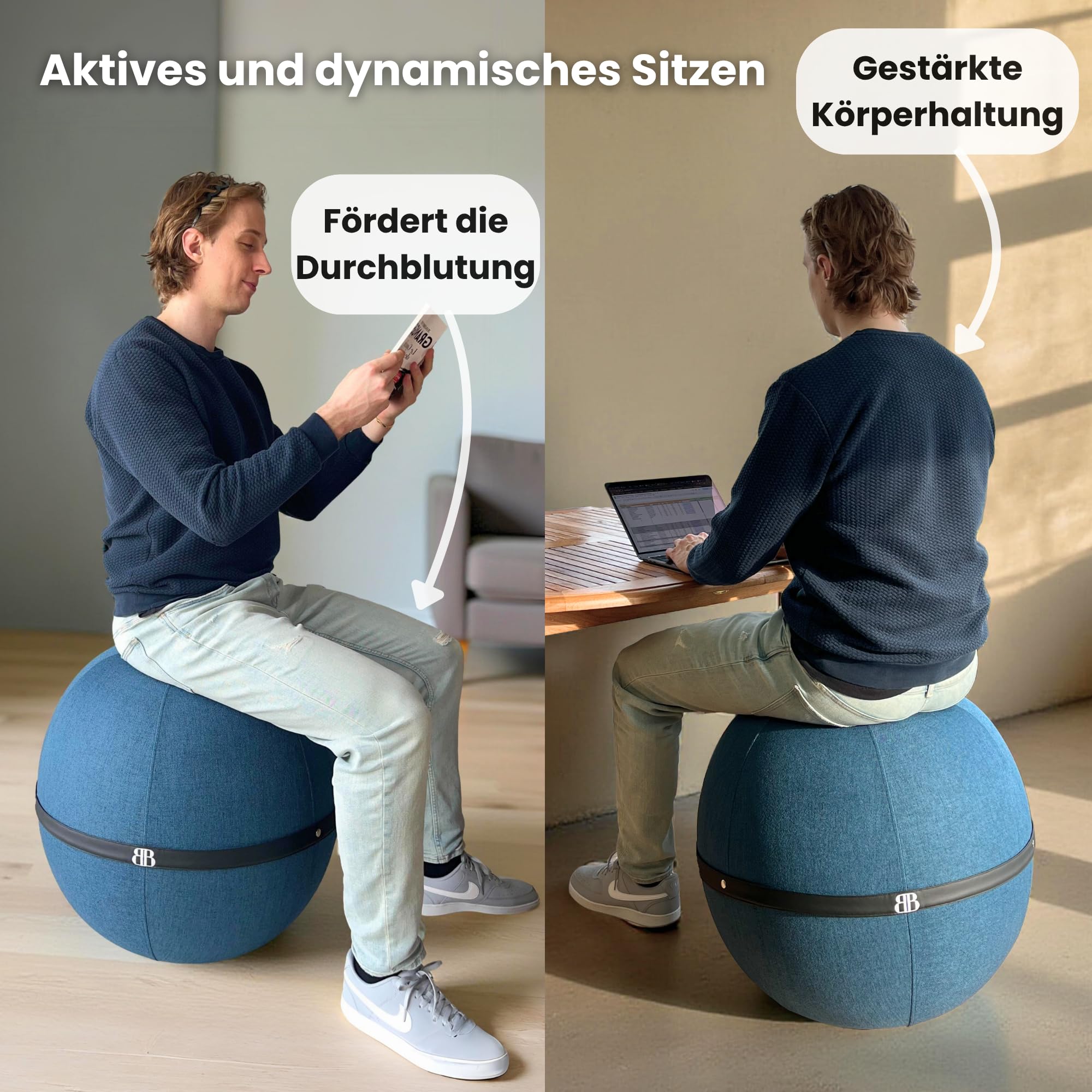 Sitzball büro ergonomisch - Sitzmöbel und Yogaball - Anti-Rückenschmerzen- Gymnastikball mit Bezug - Dynamisches Sitzen - Belastbarkeit: 180 kg - Waschbarer, Rutschfester Bezug