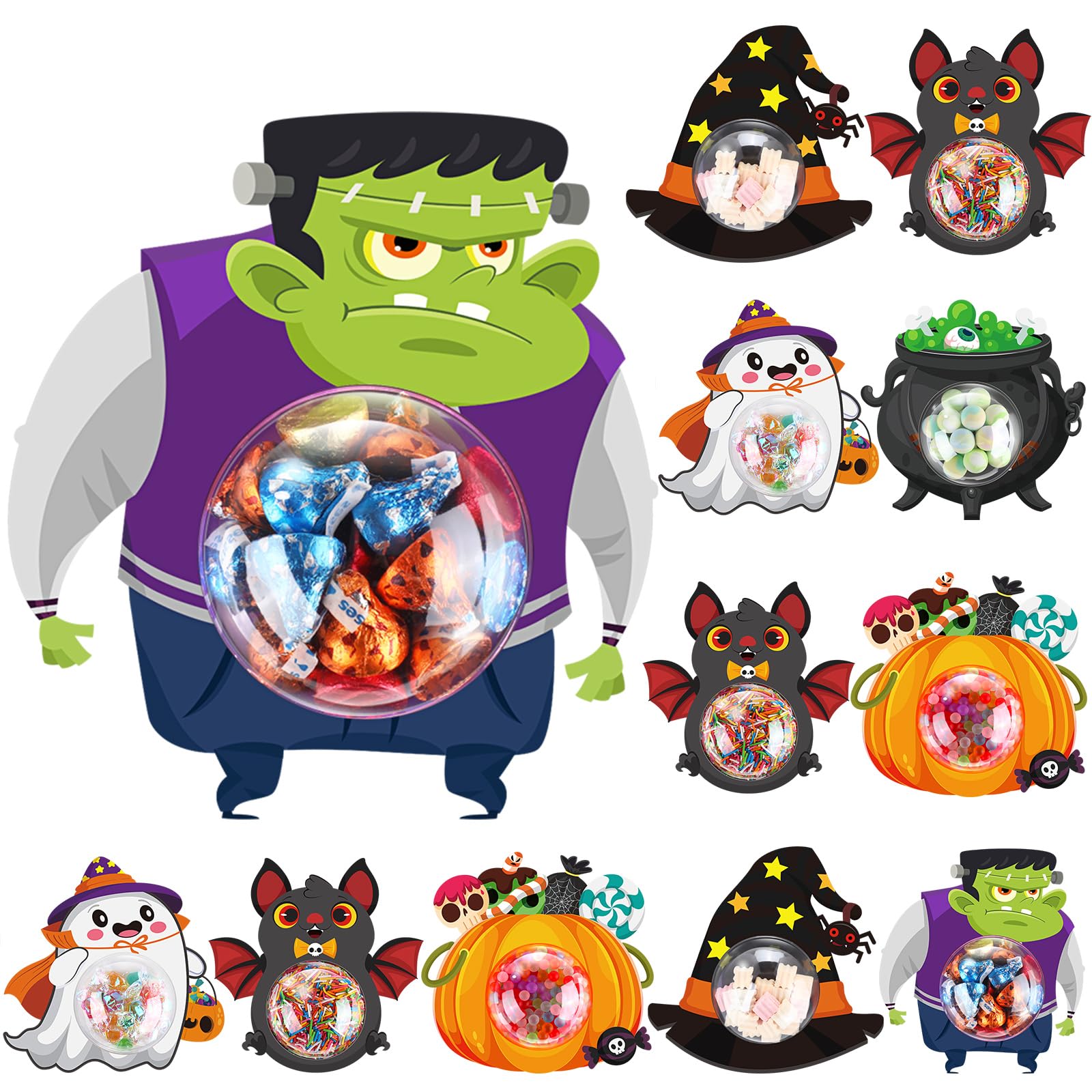 Realspring 48 Pack Halloween Candy Domes Holder DIY Candy Cards with Domes Halloween Money Holder Card Shaker for Halloween Candy Treat Variety Packaging Funny Crafts Gifts