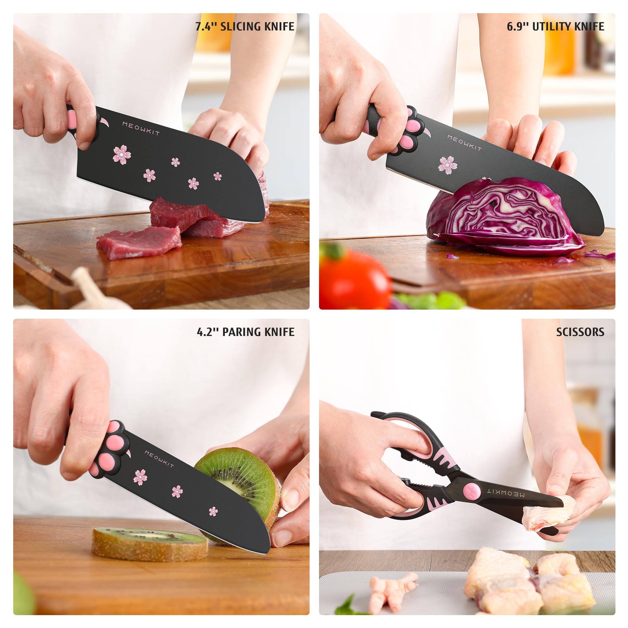 Bloc de Couteaux de Cuisine 5 Pièces, Set de Couteaux Professionnels en Acier Inox avec Ciseaux, Design Patte de Chat, Noir et Rose, Décoration de Cuisine Moderne