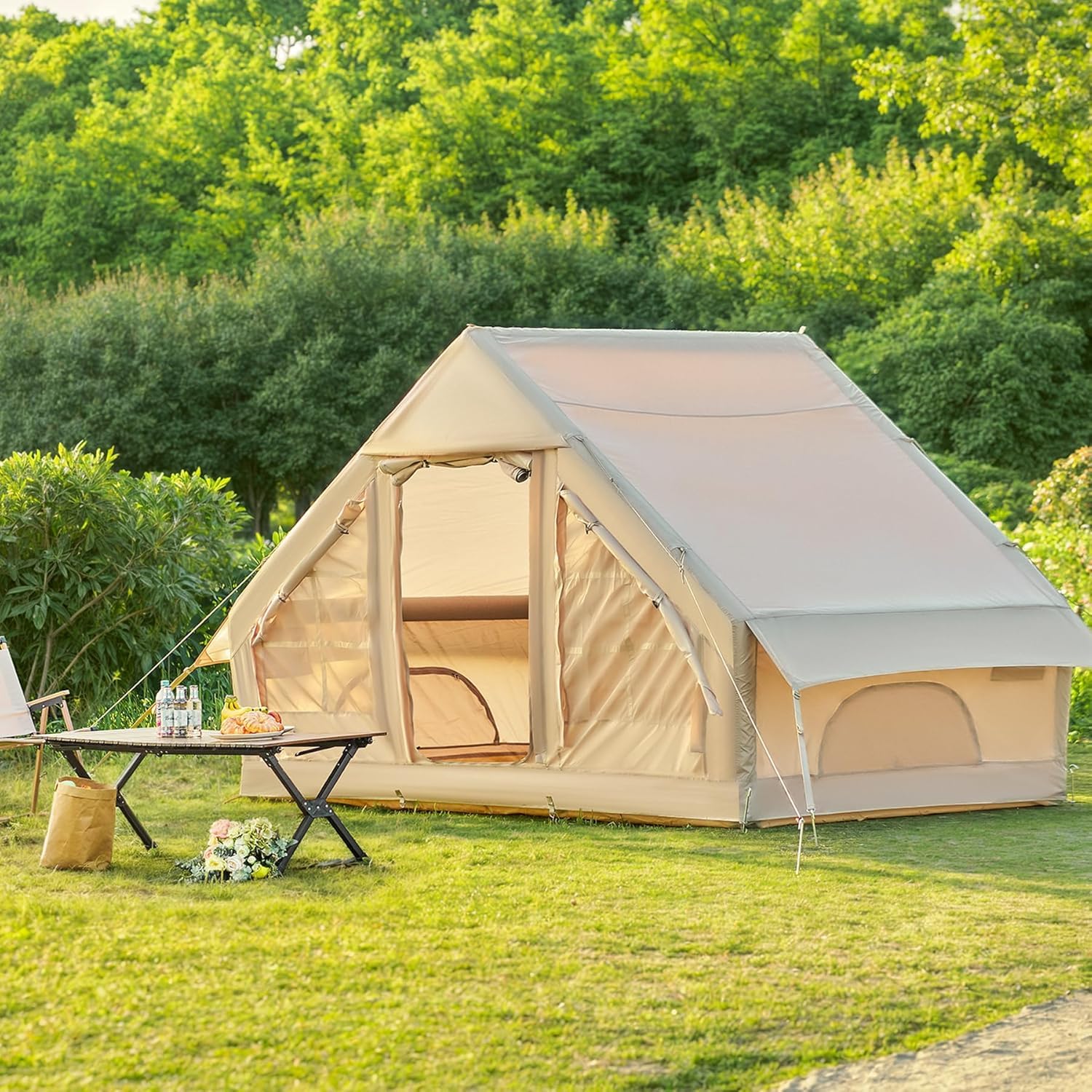 Aufblasbares Zelt, Einfacher Aufbau Camping Zelte Pop up Outdoor Zelt mit Handpumpe für 3-5 Personen, 300D Oxford 4-Jahreszeiten Wasser- & Winddicht mit Mesh-Fenstern, für Freund Familie Reisen Sport & Freizeit