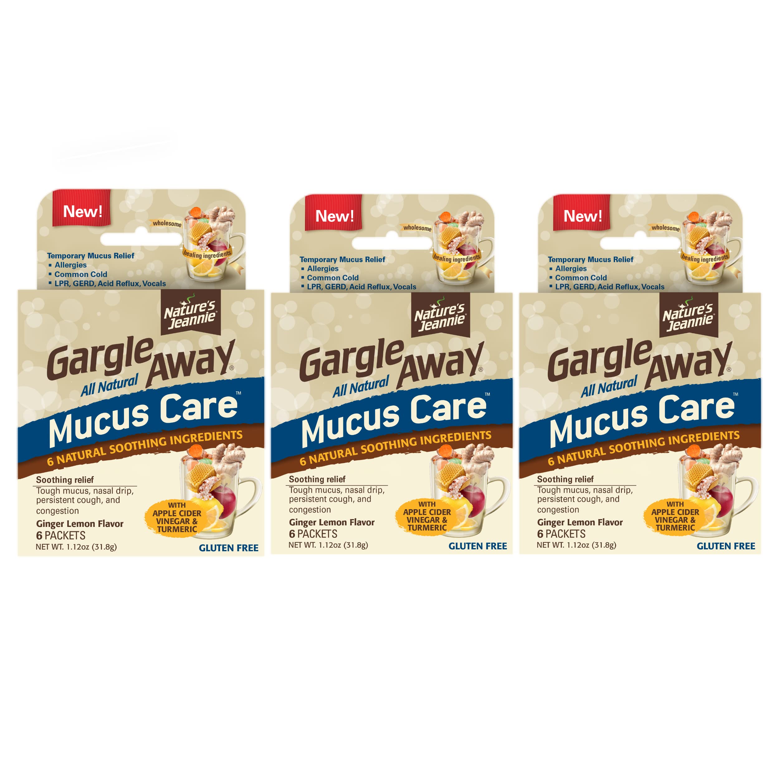 Nature's JeannieGargle Away All Natural Mucus Care - Powder Packets - Ginger Lemon Flavor (6 Count (Pack of 3))