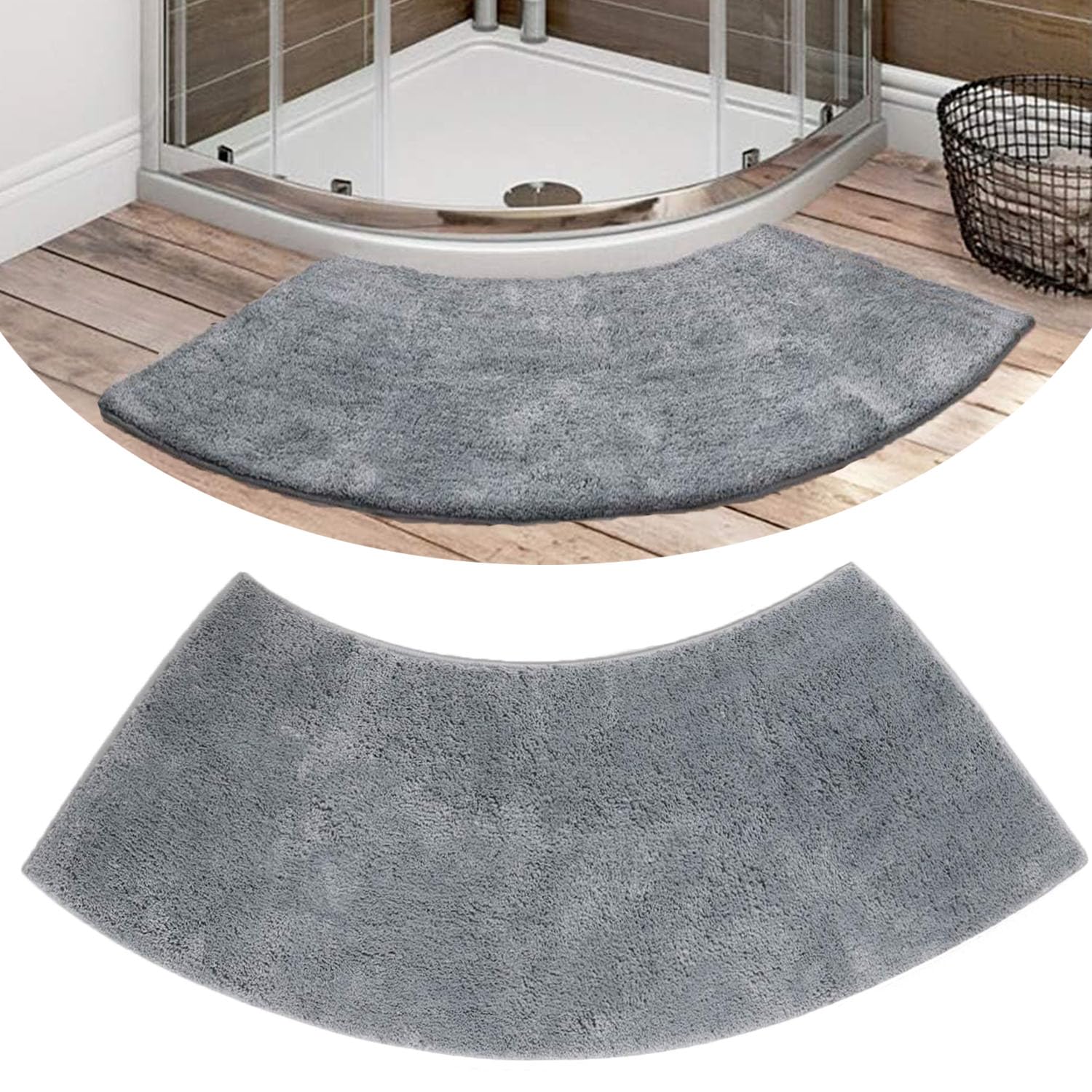 Eubeneortho Grey Shag Curved Bath Rug,Curved Shower Mat,Non Slip Microfiber Soft Absorbent Fanned Bath Mat Machine Washable for Quadrant Shower Stall