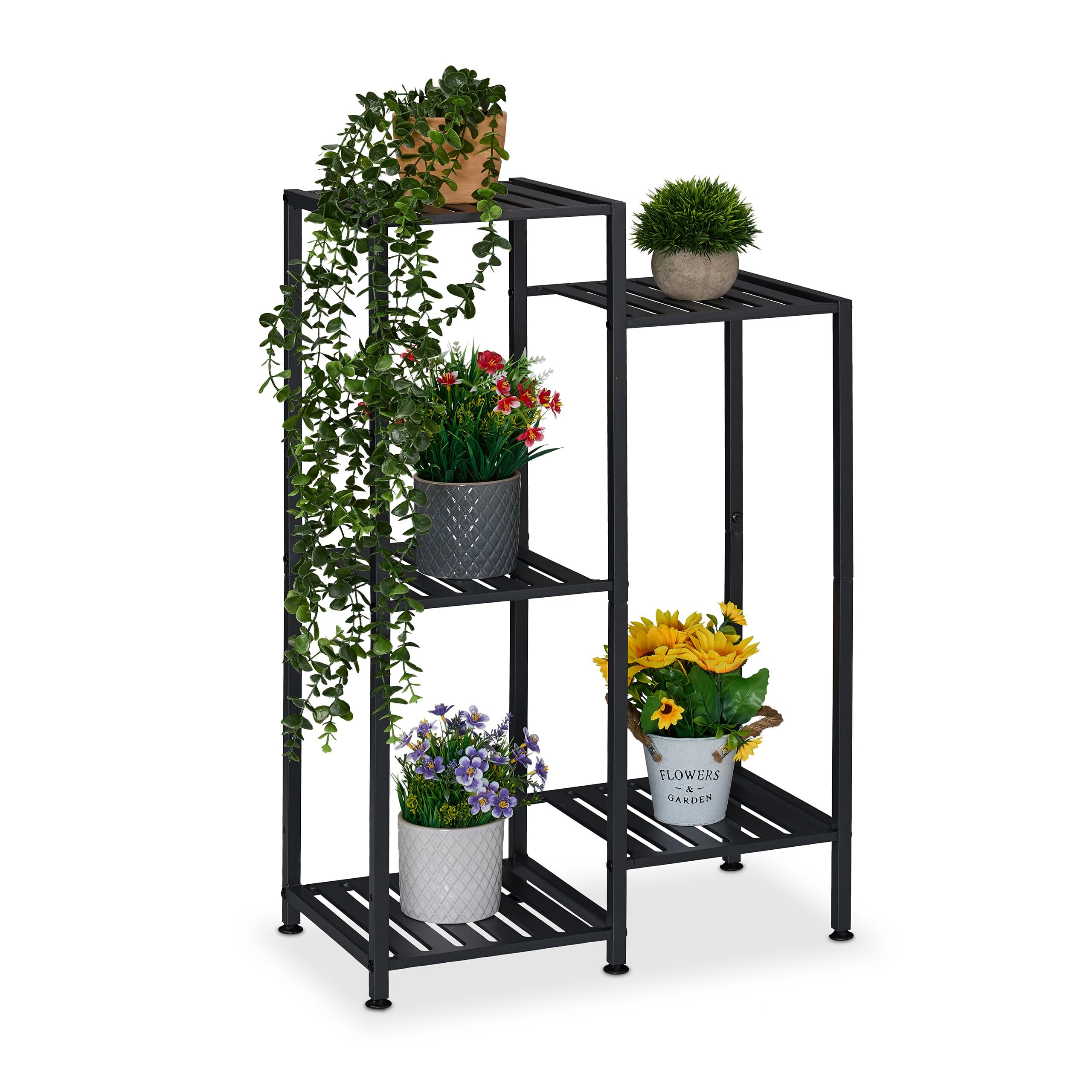 Relaxdays Plant Stand, 5 Tiers, Metal, Shelves for Flower Pots & Herbs, Houseplant Rack, HWD: 81 x 55 x 28.5 cm, Black, Steel, Iron
