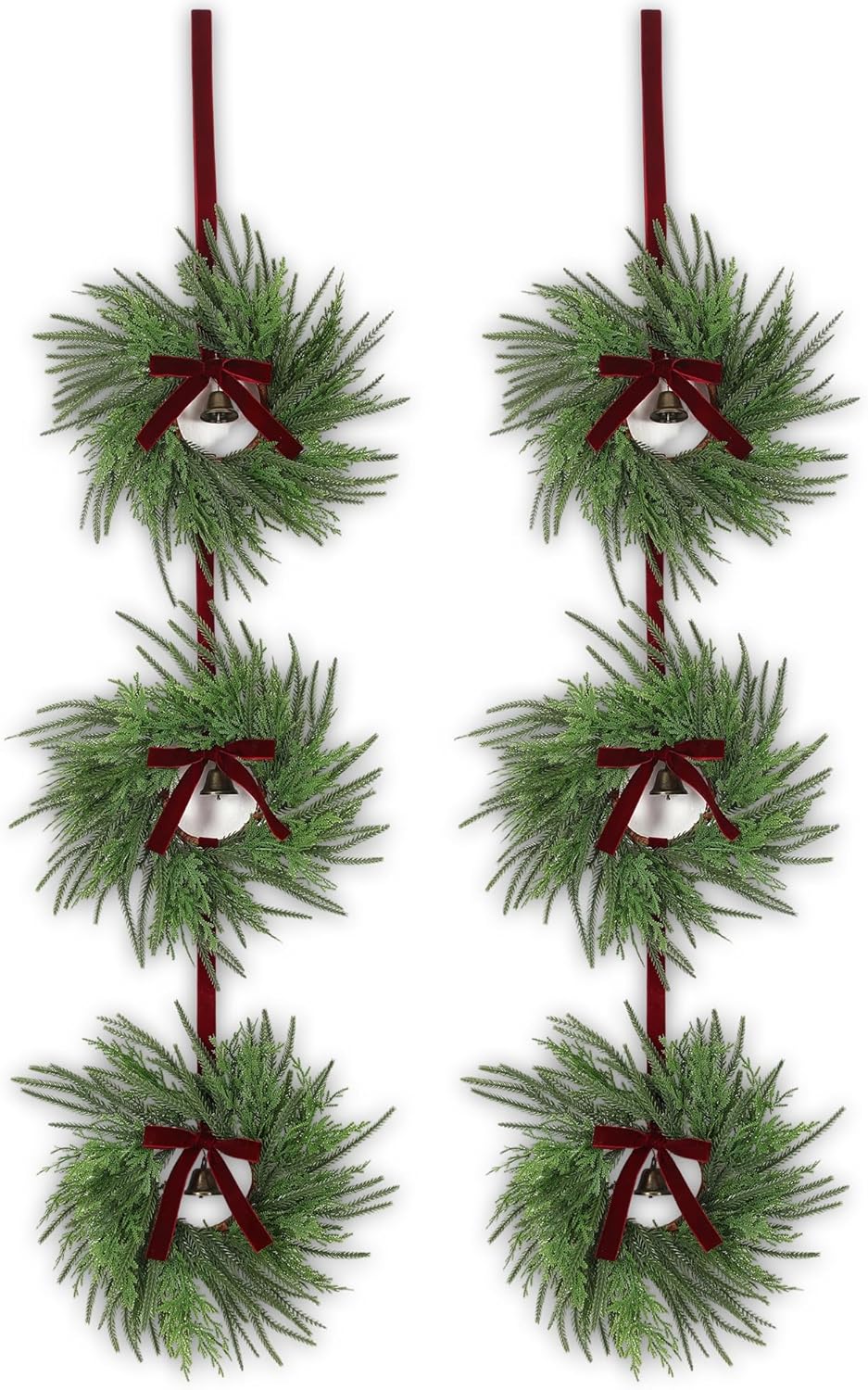 2 Pack Christmas Wreath String with 3 Pcs Norfolk Pine Wreath, 61" Front Door Hanging Artificial Cedar Pine Velvet Bow Bell for Xmas Cabinet Window Indoor Outdoor Holiday Porch Wall Decor