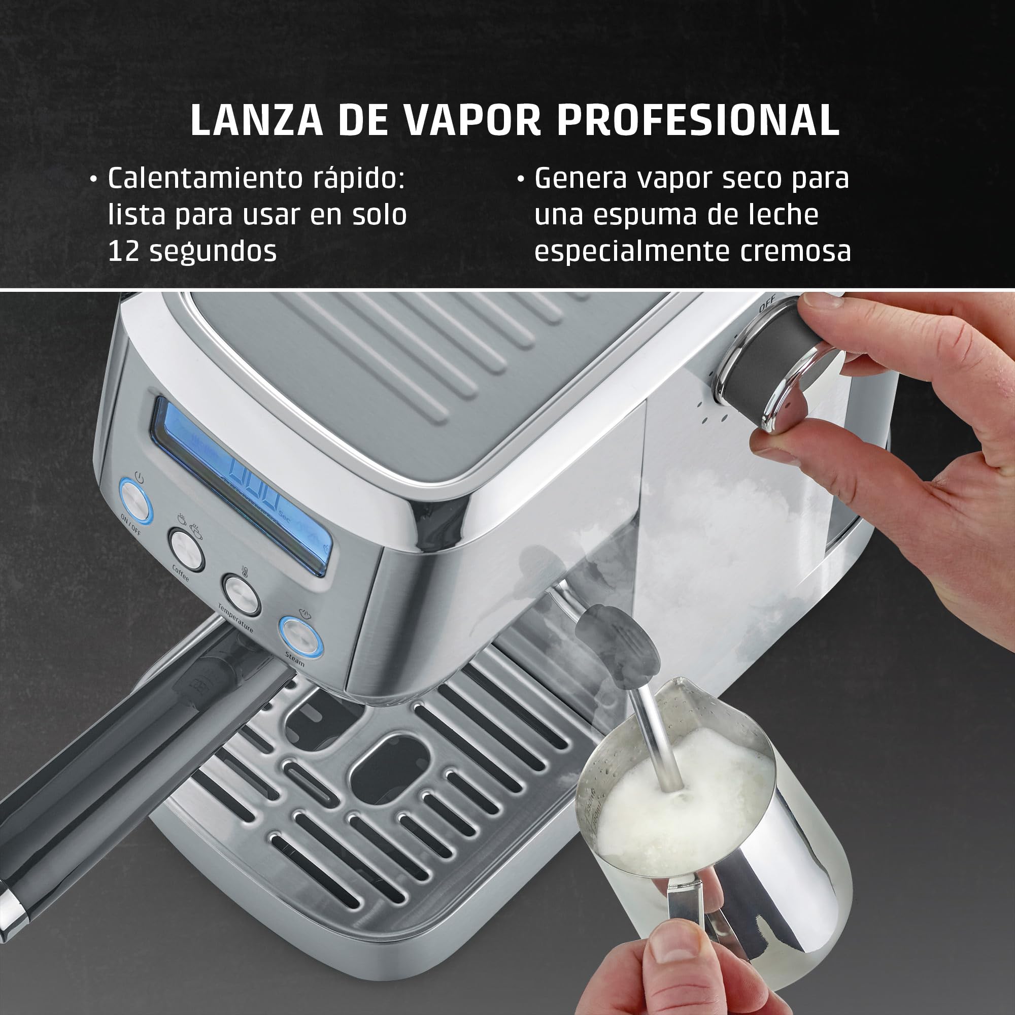 Caso Espresso Gourmet Crema - Cafetera Espresso con 1350W, bomba ULKA de 20 bares, Tiempo de calentamiento de 12 segundos, Brazo Doble Salida, Vaporizador, Superficie Calientatazas - Plata