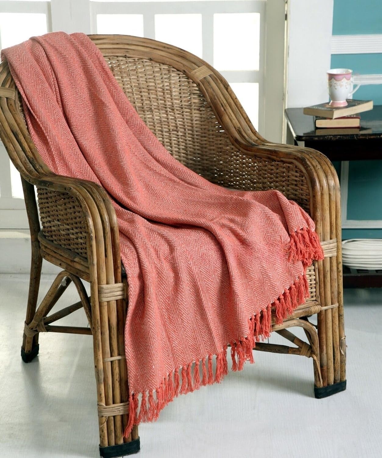 Artistic Fashionista Limited 100% Cotton HERRINGBONE Fringed Super Soft Woven Three-Seater Sofa Bed Throw Blanket Bedspread Settee Cover 90” x 100” (225cm x 254cm) (Peach)