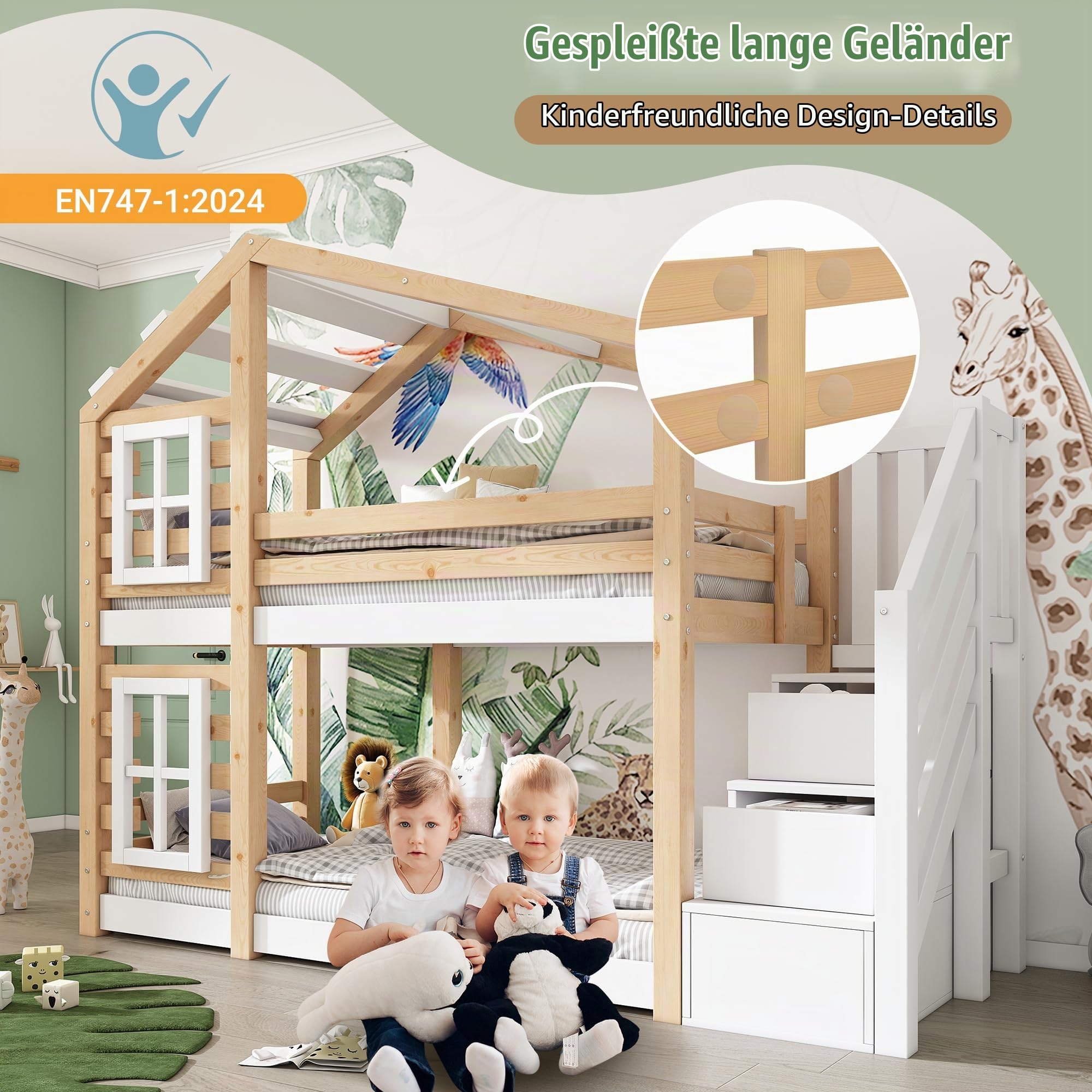 ZYLOYAL10 Kinderbett Baumhaus mit Speicherung und Rausfallschutz 90 x 200 cm, Hochbett für Kinder– 2X Lattenrost (Natur)
