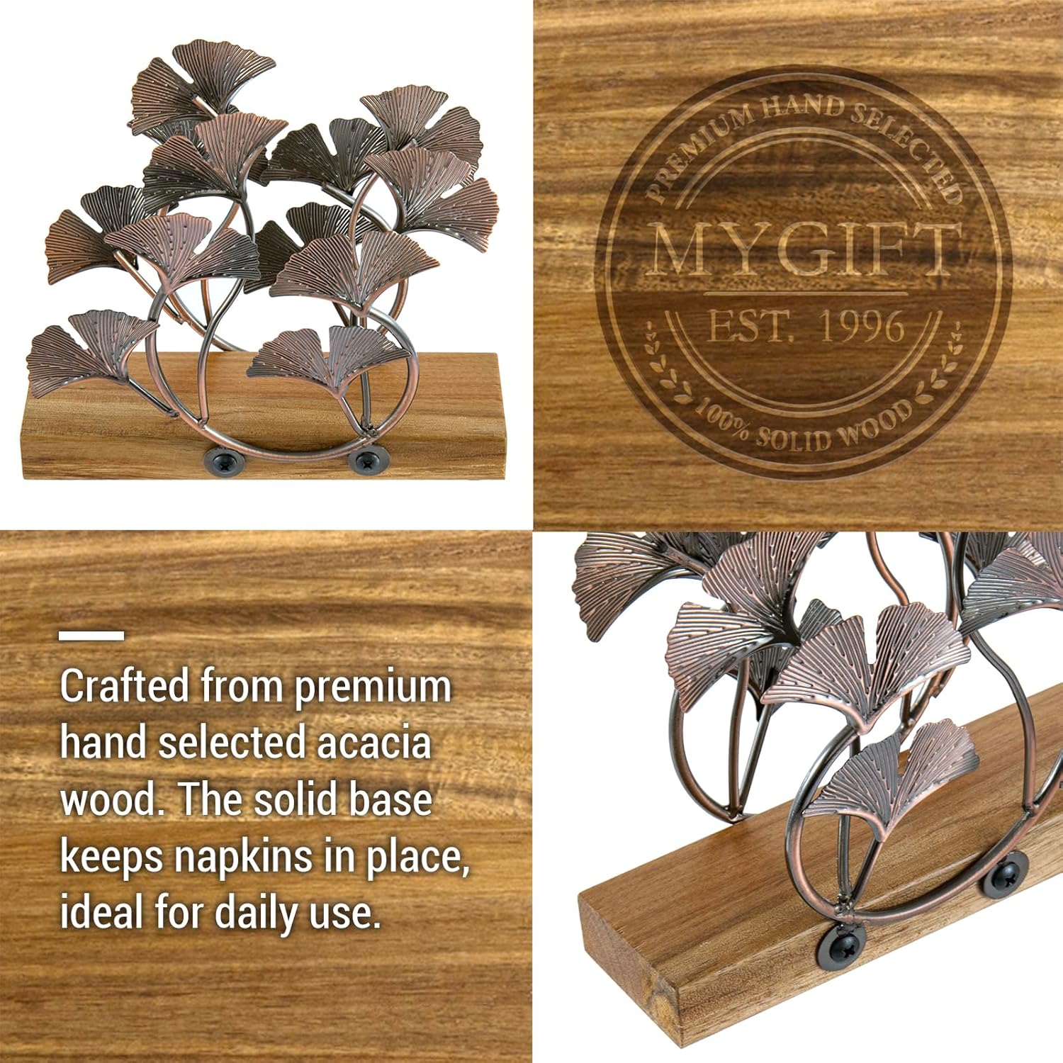MyGift Leaf Design Napkin Holder - Vintage Copper Tone Metal Gingko Leaves & Solid Acacia Wood Tabletop Napkin Rack Stand - Elegant Dining Table Organize