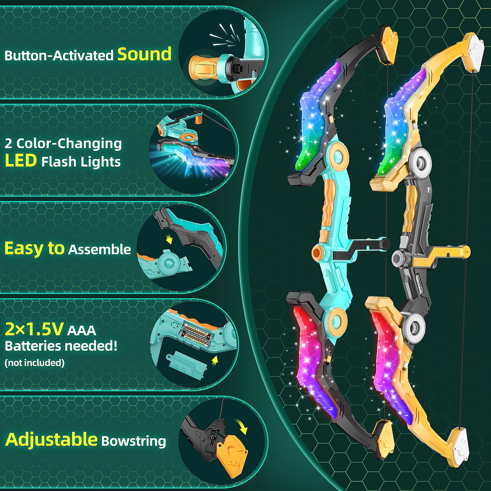 2 Pack Kids Bow and Arrow Set with Sound Effects & LED Flash Lights Achery Set, Indoor Outdoor Toys for Ages 4-8 8-12, Birthday Gifts for 3 4 5 6 7 8 9 10 11 12 Year Old Boys Girls Children, Yellow