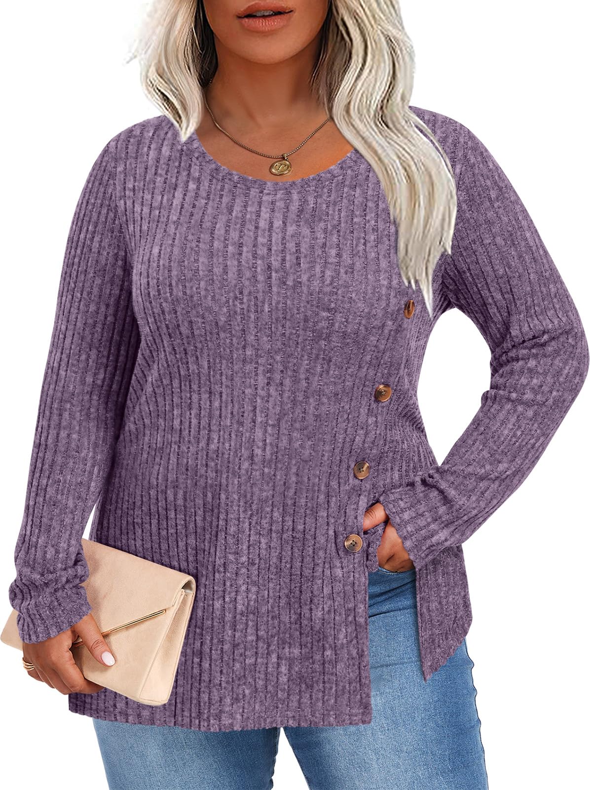HOTGIFT Women Plus Size Top Knit Long Sleeve Sweater Button Tunic XL-5XL