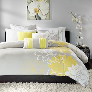 Madison Park Lola 100% Cotton Duvet Set Beautiful Floral Pattern, Ruffle Border Design All Season, Breathable Comforter Cover Bedding, Matching Shams, King/Cal King(104"x92"), Yellow/Grey 6 Piece