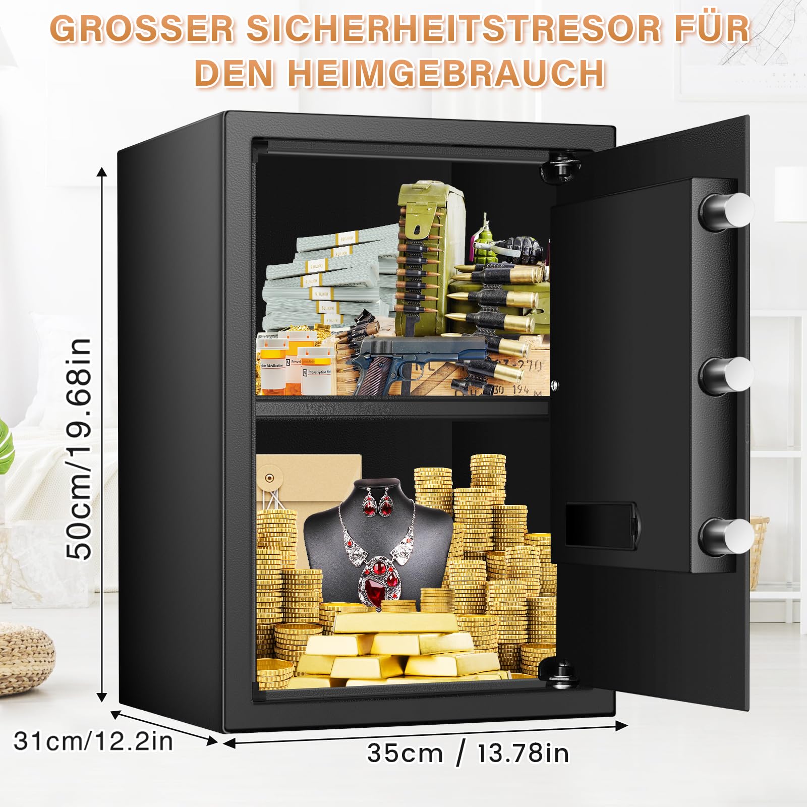 70L Großer Safe Tresor, Digitale Tresore mit Schlüssel, Alarmsystem und Abnehmbares Regal, Möbeltresor für Zuhause, Geld, Dokument and Wertgegenstände