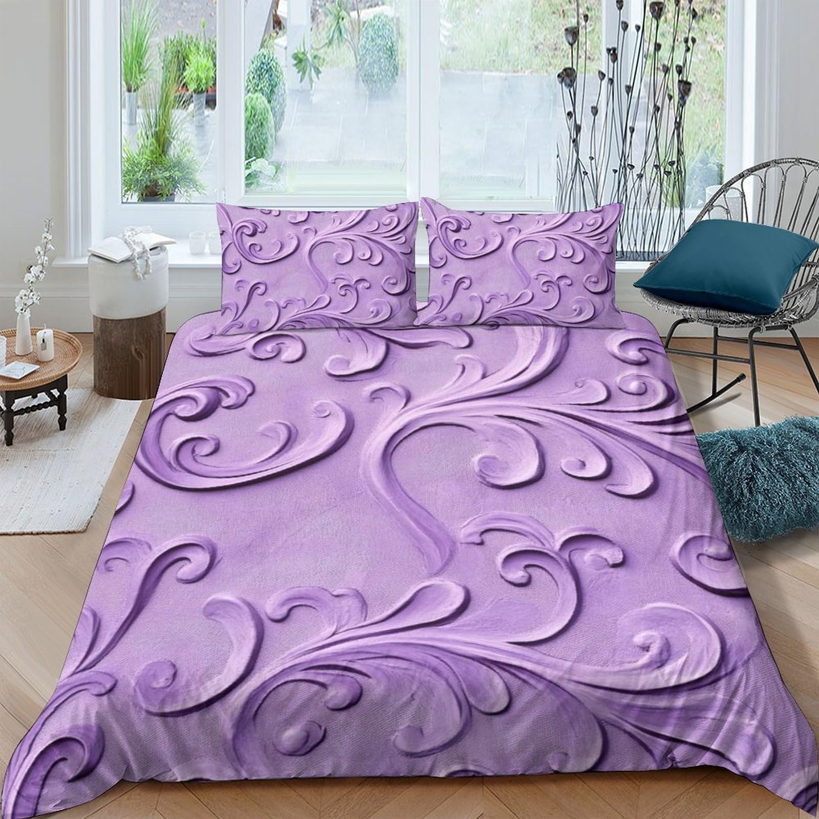 Ctjqhvkz Style-5 3D Printed Baroque Swirl Fitted Sheet Microfiber Purple Embossed Floral Mattress Cover Bedroom Decor Single（135X200cm）