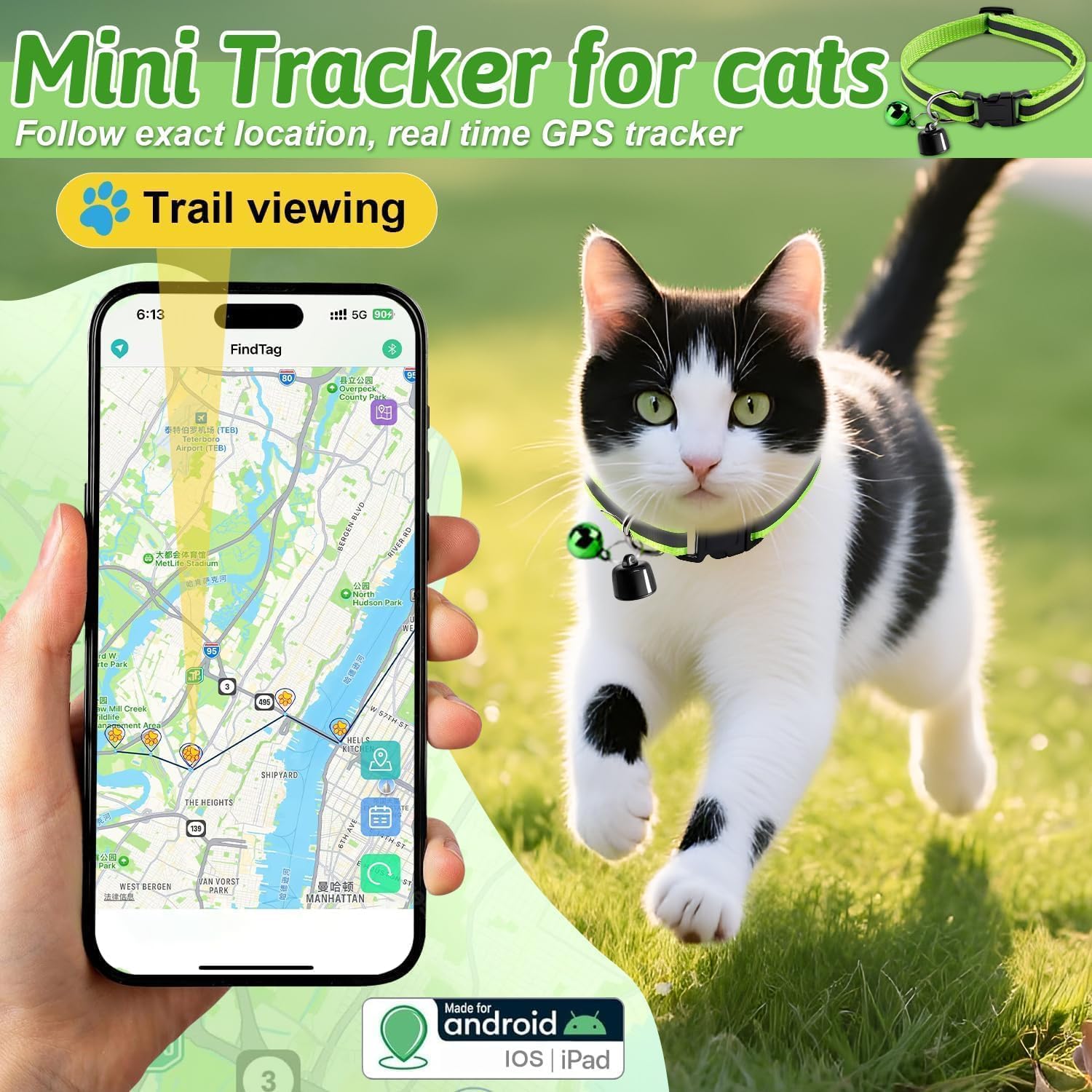 Collare GPS per Gatto, Localizzatore Senza Abbonamento, Tracciamento in Tempo Reale, Compatibile con iOS/Android, Impermeabile, Batteria a Lunga Durata – Nero (D)