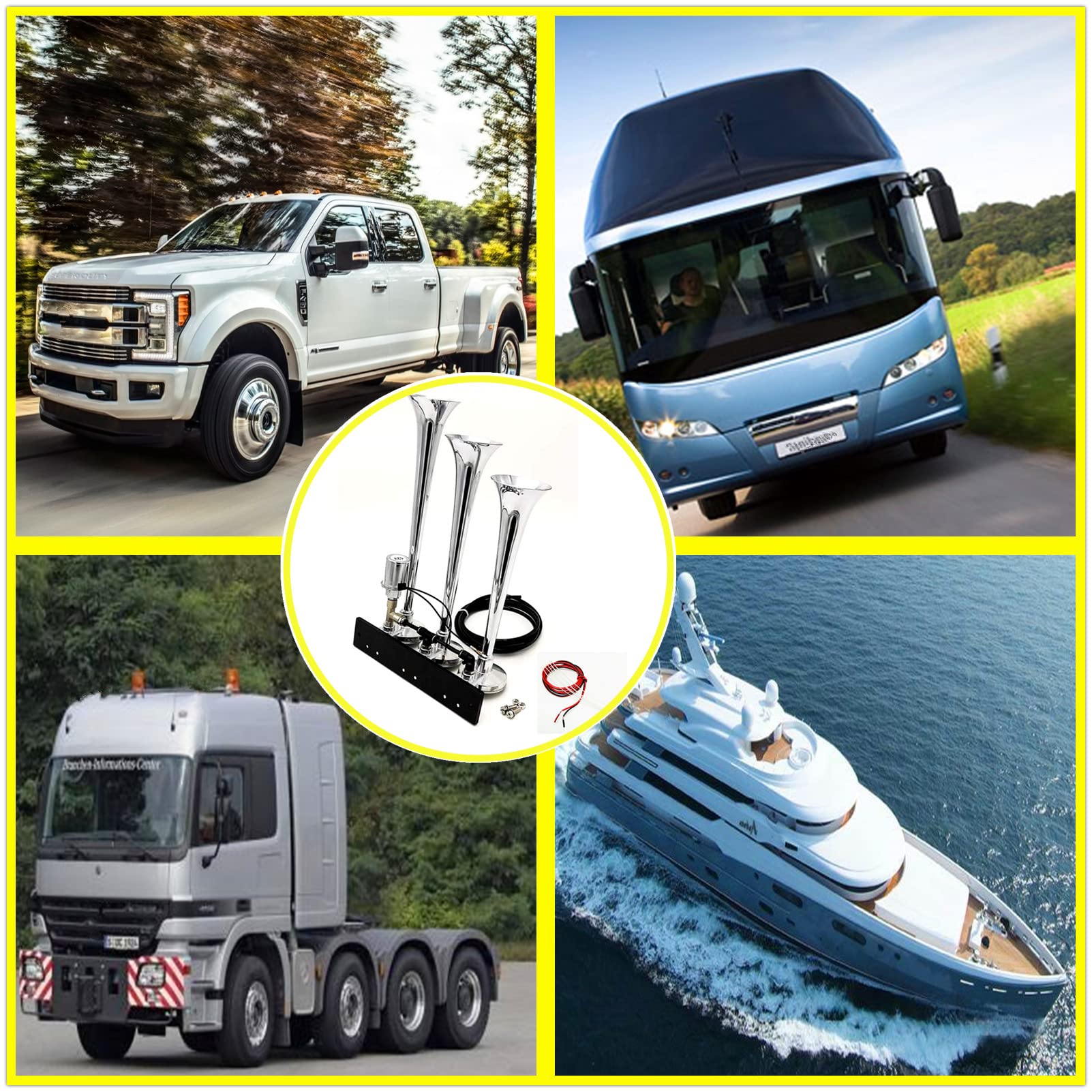avvisatore acustico a tre tubi tromba d'argento12V160DB elettrovalvola altoparlante elettrovalvola a tubo impermeabile in metallo per veicoli elettrici adatta per ogni veicolo camion treno nave