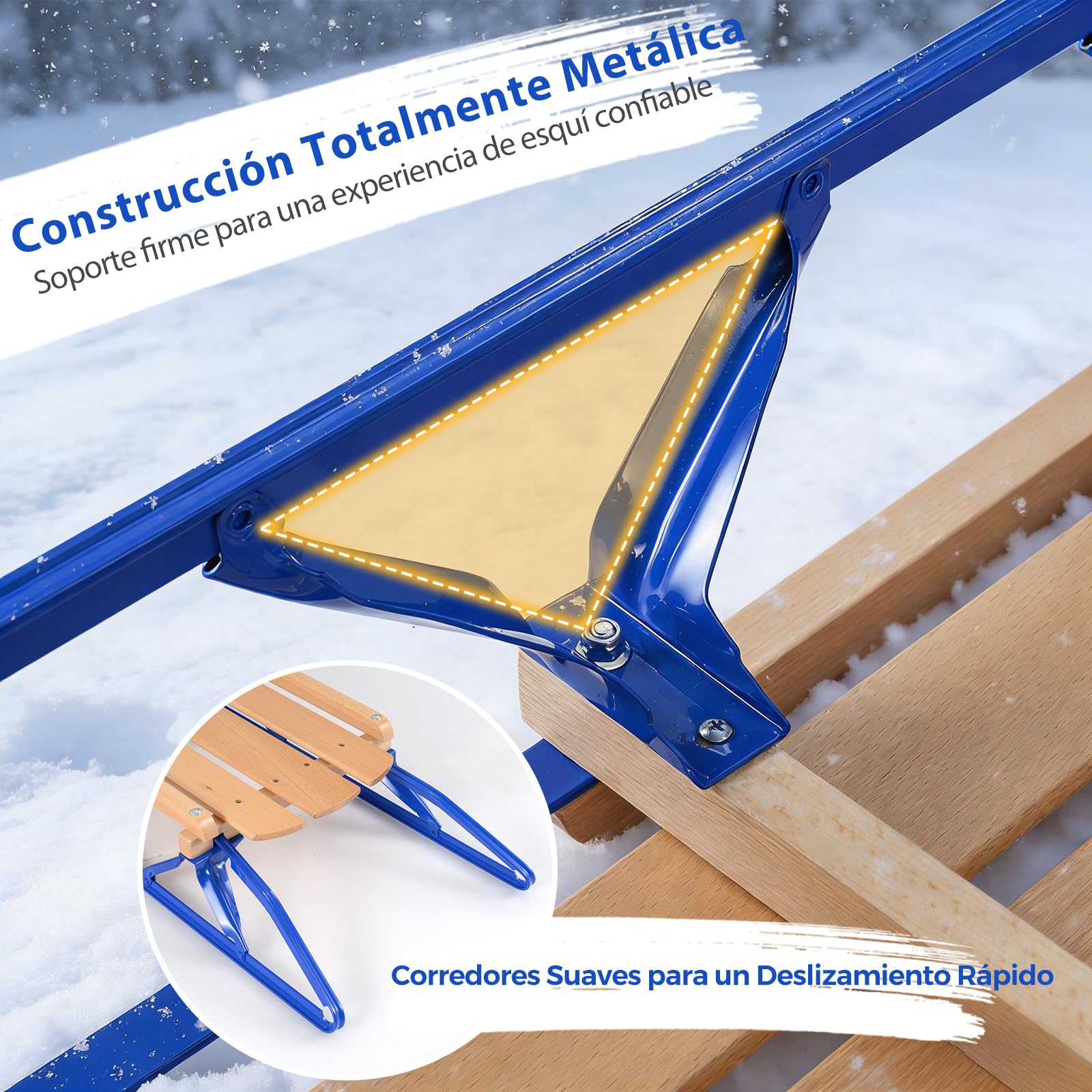 COSTWAY Trineo de Metal con Patines, Trineo de Acero y Madera con Barra de Dirección para Deslizarse en la Nieve, para Adultos y Niños Más de 5 años, Capacidad de 150 kg, 137 x 58 x 16 m