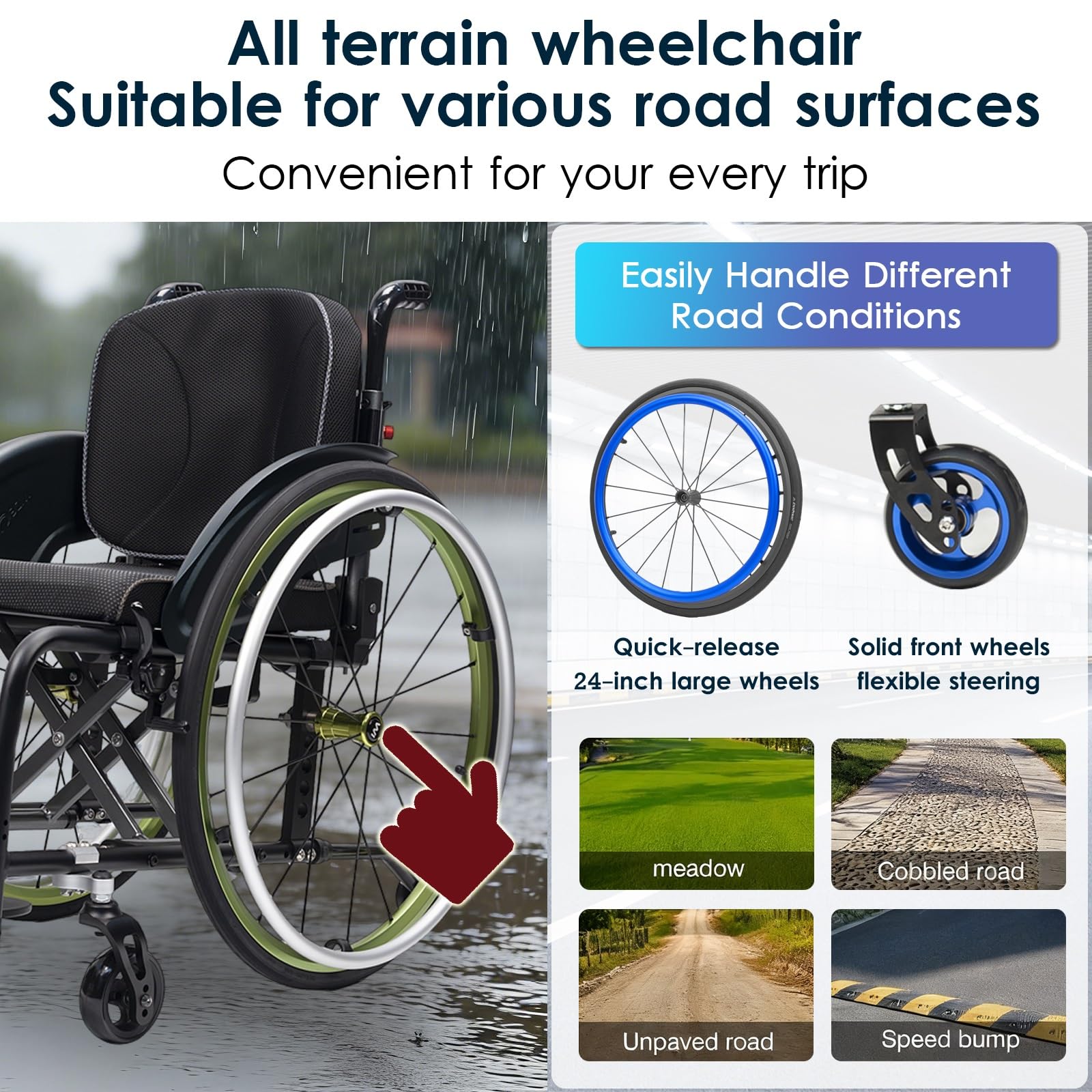 Silla de ruedas manual ligera, silla de ruedas deportiva ultraligera portátil todo terreno, silla de ruedas plegable, sillas de ruedas de transporte con antivuelco(Green B,38cm/15in)