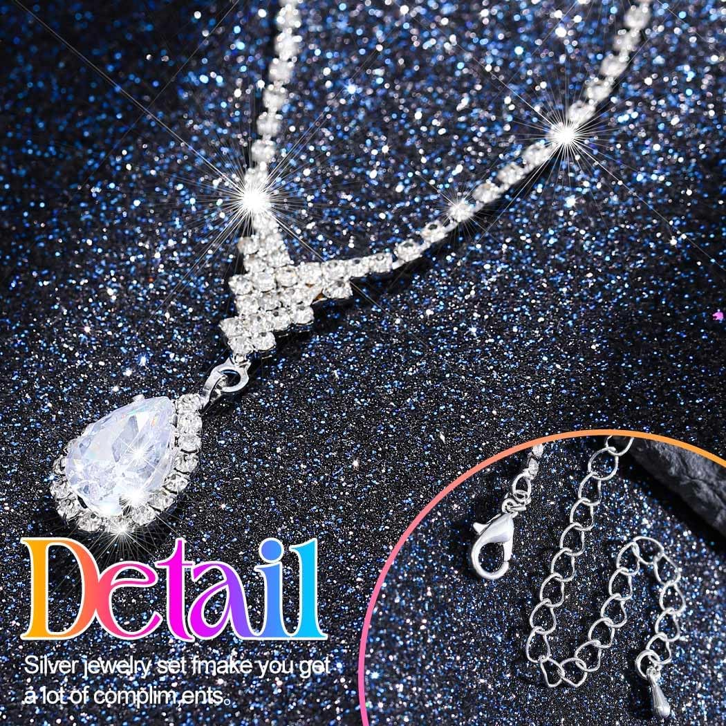 Aukmla Silver Crystal Bridal Wedding Jewelry Set Rhinestones Necklace Bracelet Earring Sets Prom Jewelry for Women and Brides - Image 6