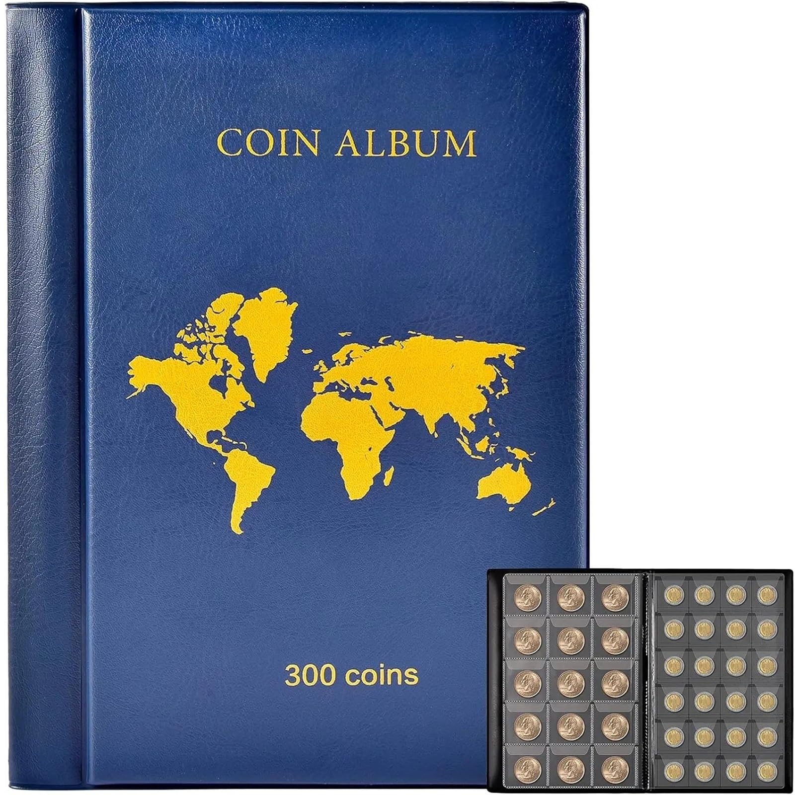 Album Monedas Coin Collection Book Holder Album for Collectors, 300 Pockets Coins Display Storage Case, Collecting Sleeves Organizer Box(Blue)