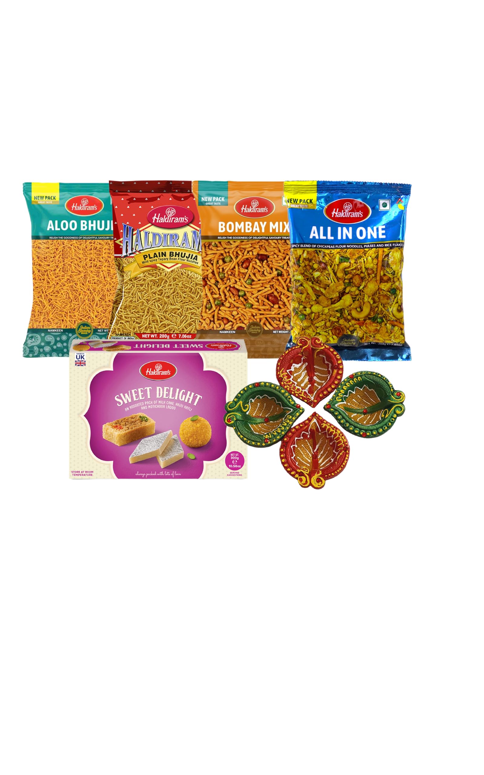 Haldiram's Gift Hamper Pack for All Occasions | Includes Plain Bhujia, Aloo Bhujia, All in One, Bombay Mix (200g Each), Sweet Delight (300g), and a Set of 4 Diyas | Curated Festive Hamper