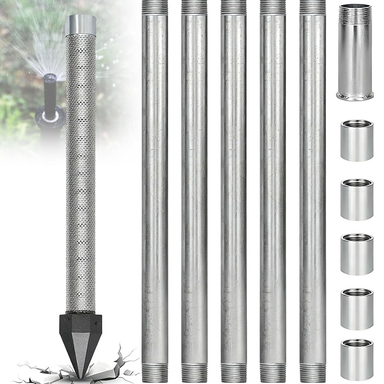 Uordby 6M(19.4Ft) Stainless Steel Well Drive Point Kit, Water Well Drilling Kit, 1-1/4" 36 Inch Sand Point With 60 Gauze Mesh, Galvanized Extension Pipes For Home Water Supply & Irrigation