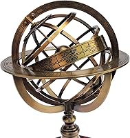 Vista 2 de Globo de esfera armilar de latón antiguo de 11 pulgadas, astrolabio del zodiaco, grabado con base de madera