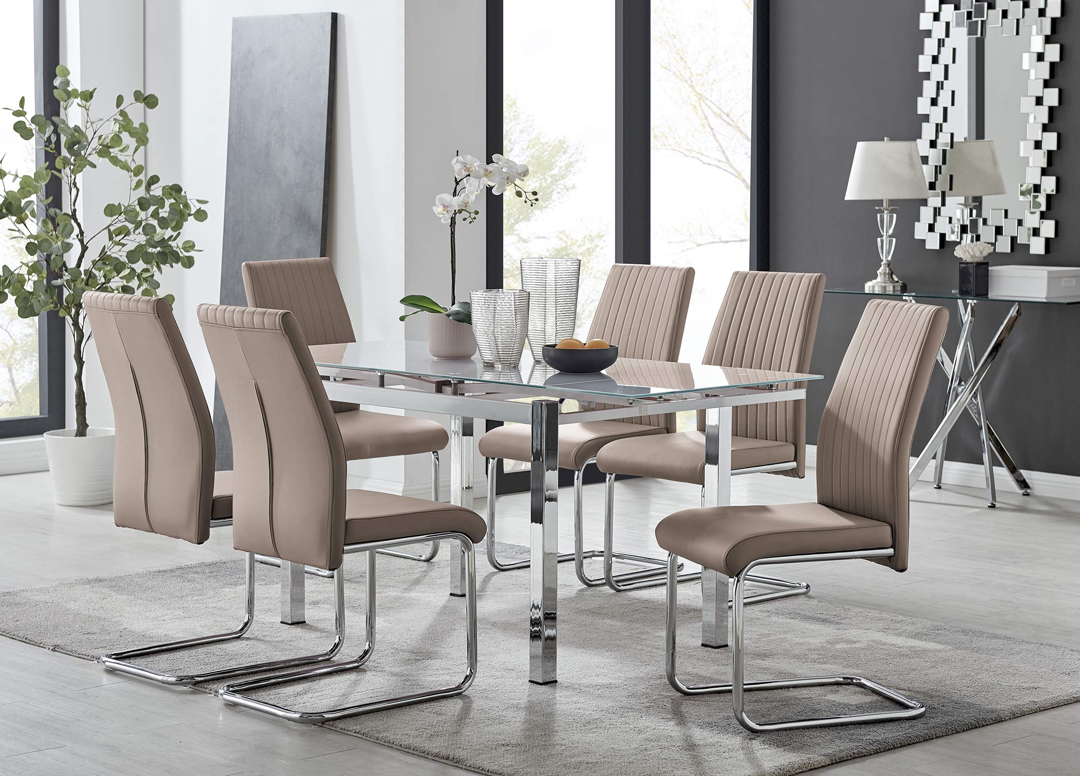 Furniturebox UK Enna White Glass Extending Dining Table and  Cappuccino-Coloured Faux Leather Lorenzo Cantilevered Chairs Modern Dining  Set