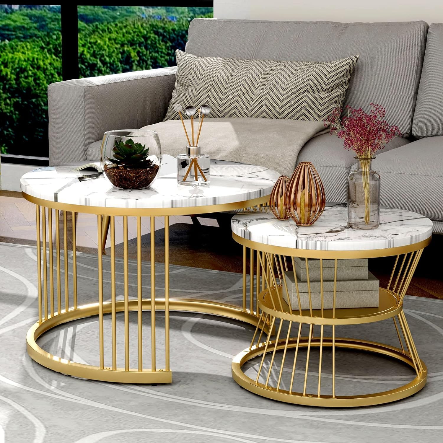 NEST NATURE HAVEN Round Coffee Table, Modern Nestings Table set of 2, Sofa Side Table with Marble Veneer Top and Metal Frame, End Table for Living Room Bedroom Home or Office (Golden White)