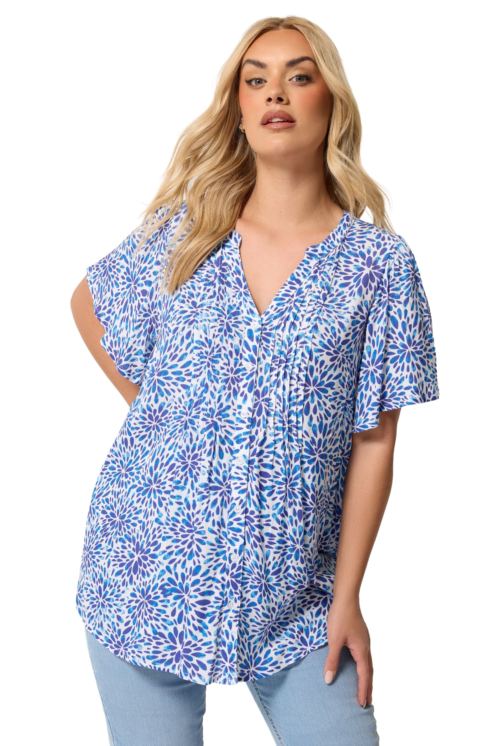 Yours Curve Floral Pintuck Blouse - Women's - Plus Size Curve Blue