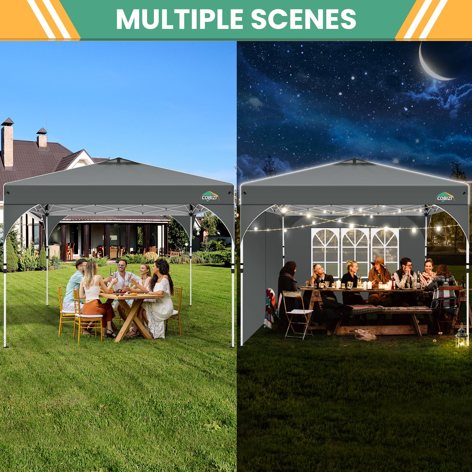 COBIZI Carpa Plegable 3x3 Carpas de Camping Impermeables | Carpas para Exteriores con Ventilaciones, Tubos Fluorescentes y 4 Sacos de Arena | Cenador Plegable Altura Ajustable,UFP 50+