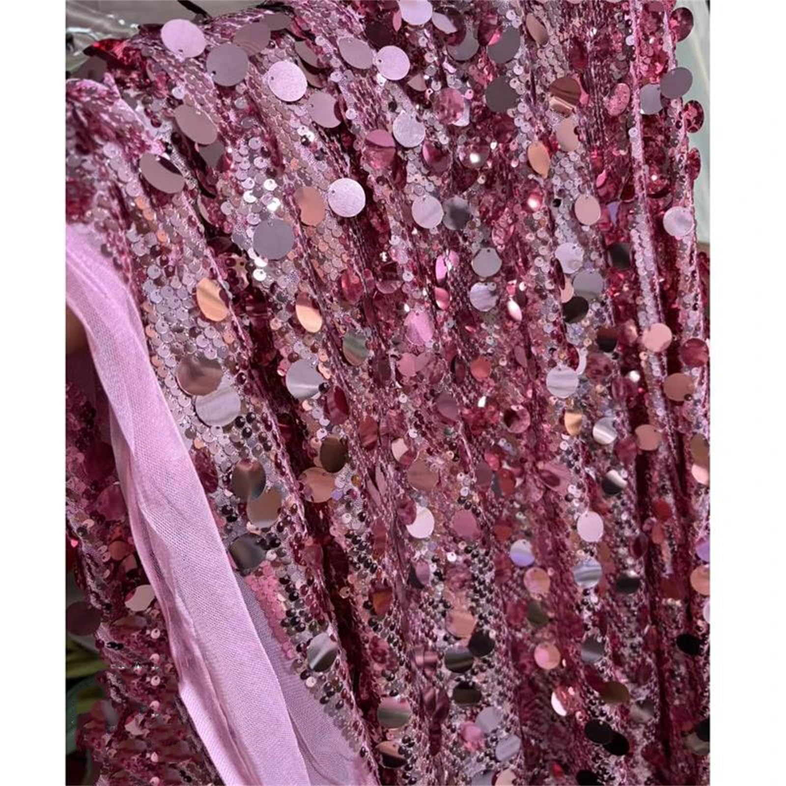 Tessuto Ricamato con Paillettes Rosa Caramello, Larghezza 135 cm, Rivestimento in Scala di Pizzo a Rete Elastica for Abito, Applique con Perline Fai da Te(270x135cm)